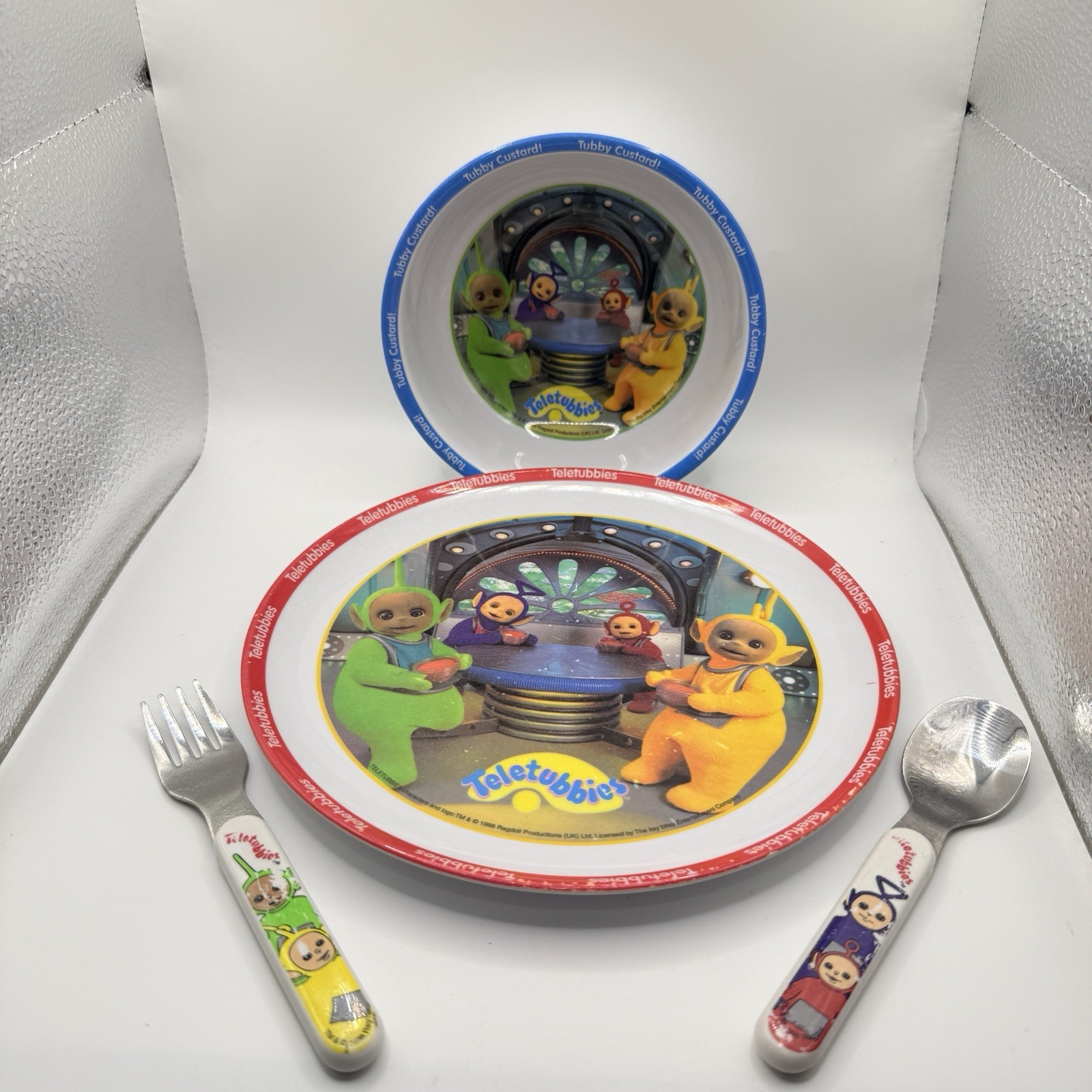 Vintage 1998 TELETUBBIES Tubby Custard Melamine Cereal Bowl & Plate w Fork Spoon