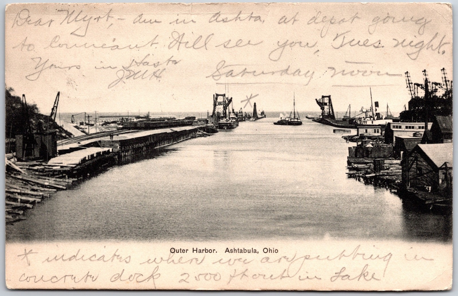 Ashtabula Ohio OH, 1906 Outer Harbor, Dock, Boats, Great Lakes, Vintage Postcard