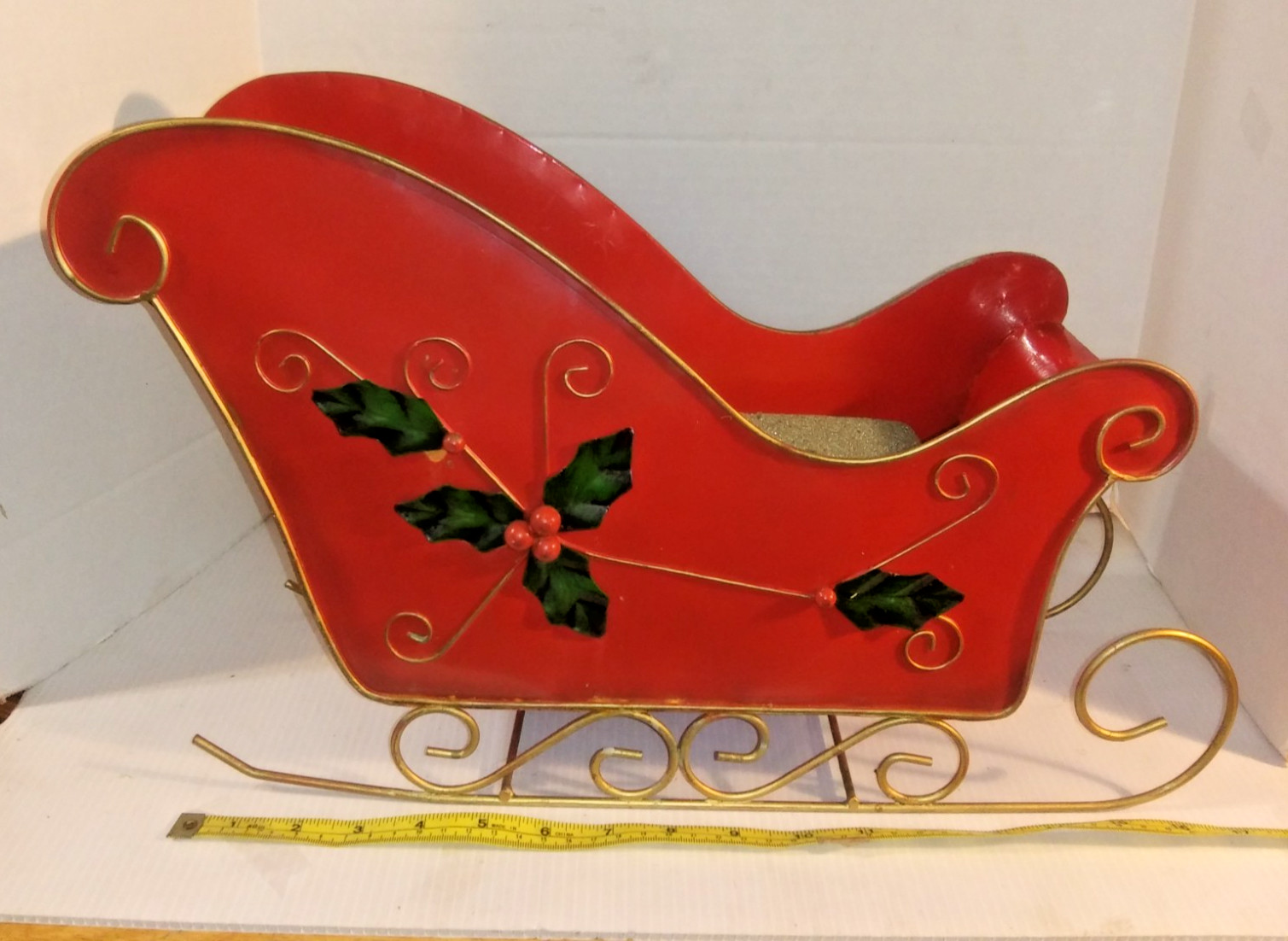 Vintage Metal Sleigh Red with Applied Green Holly Leaves & Berries 16 in x 11 in