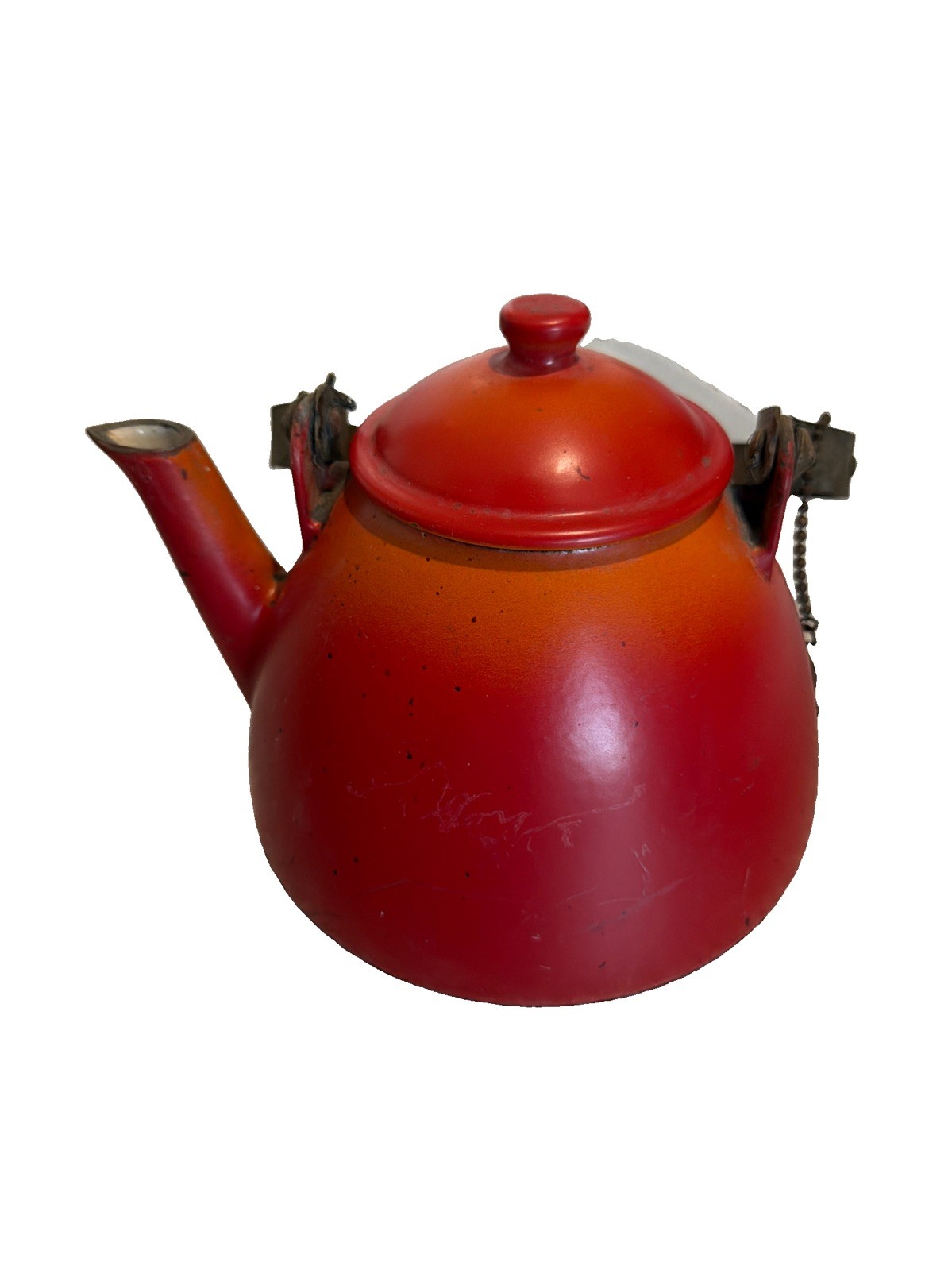 Vintage Descoware Belgium Flame Orange Red Enameled Cast Iron Teapot Kettle