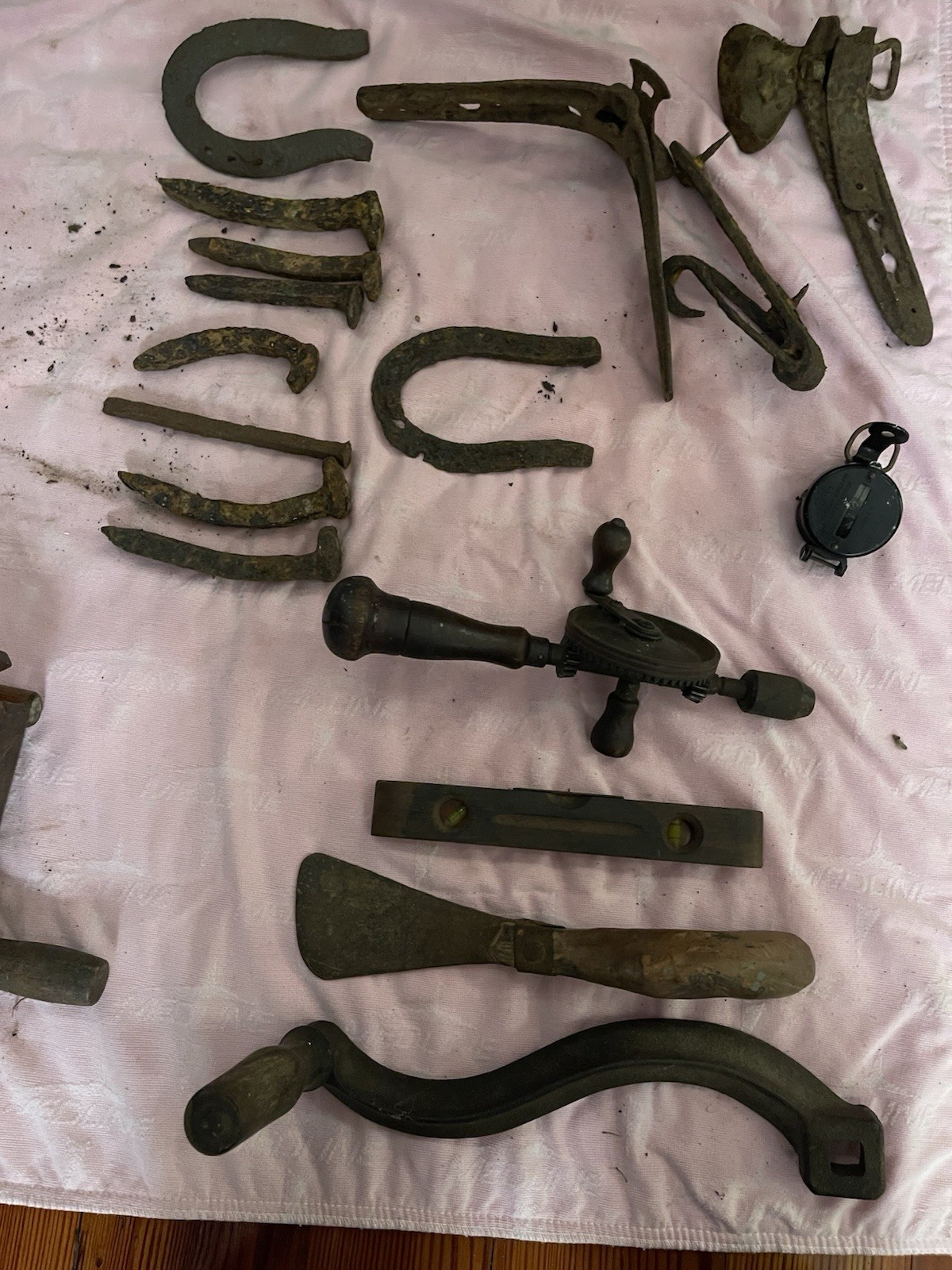 Vintage Antique Tool & Iron Hardware Lot - Old Drill, Level, Spikes & Horseshoes