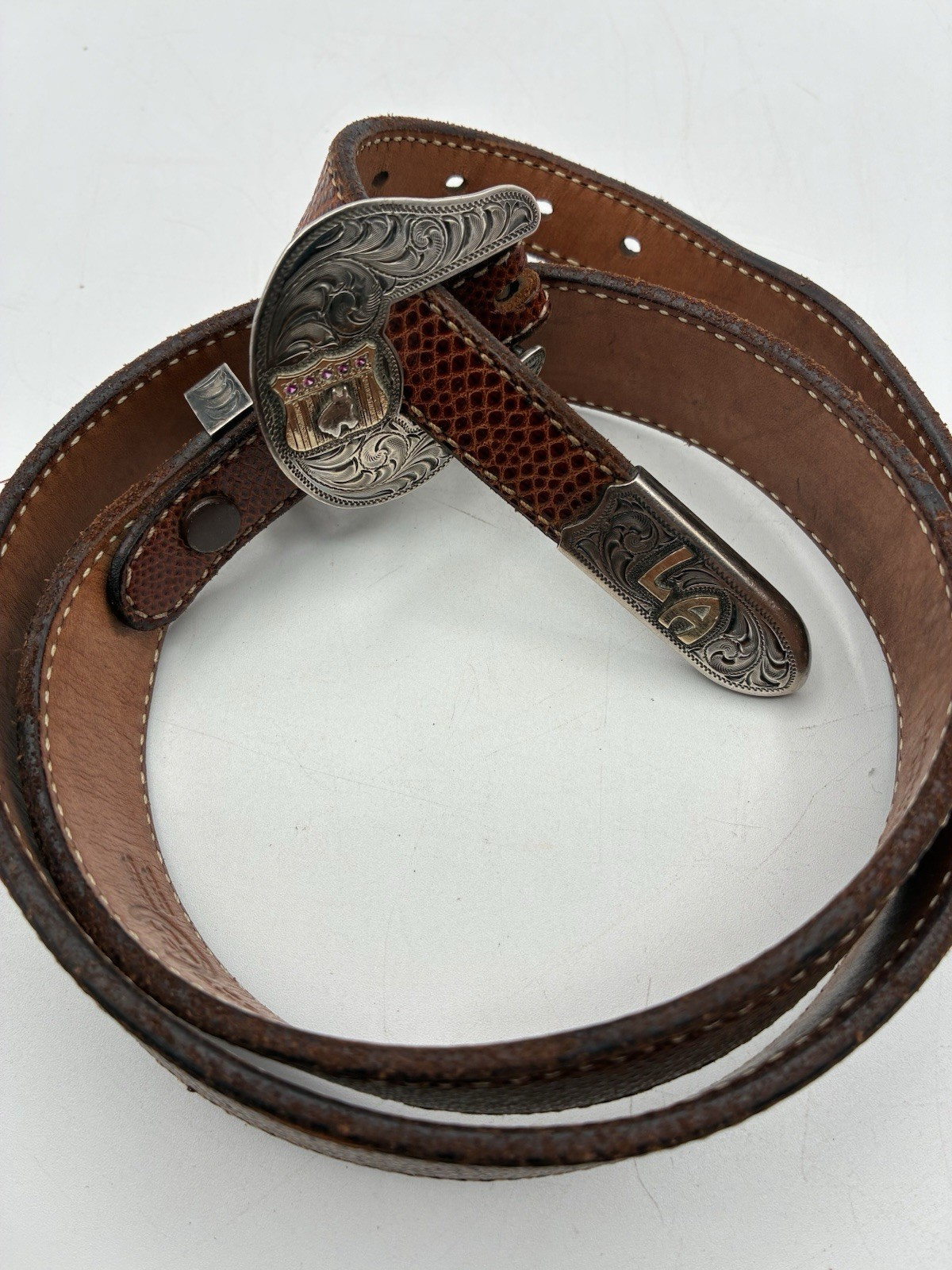 VTG Western Womens Karung Skin Belt Sterling And 10K Gold Buckle 1.25 W  35.5 L