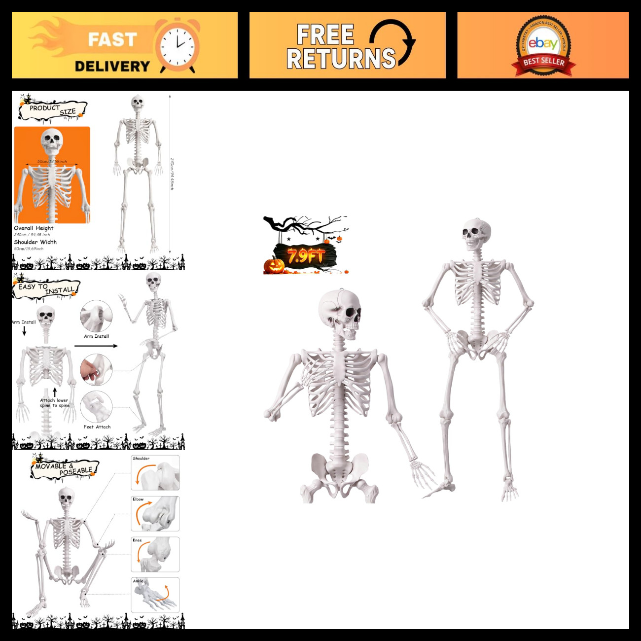 Giant 7.9FT Halloween Skeleton - Oversized Human Decor for Outdoor Display