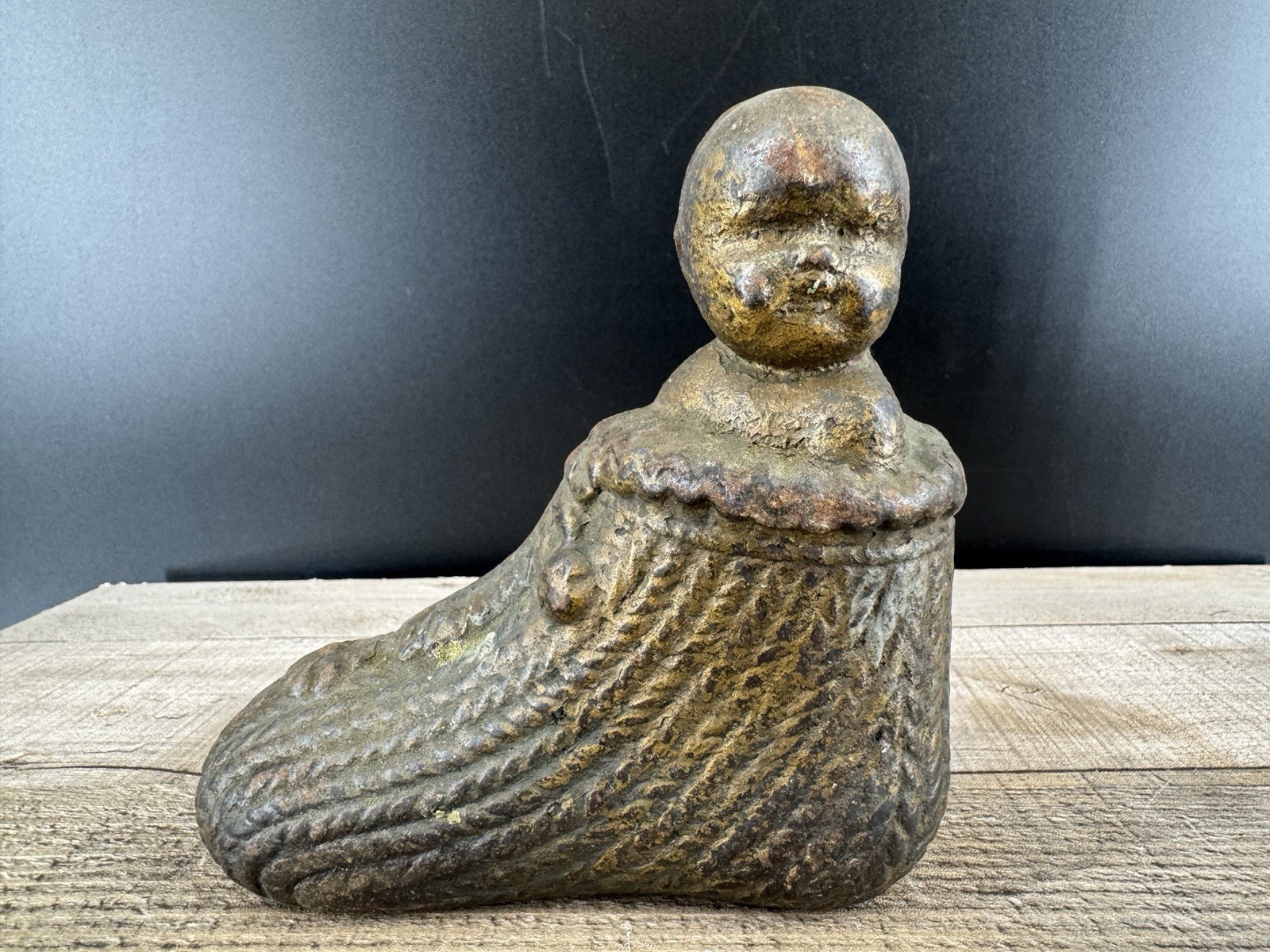 Antique Primitive Cast Iron Baby In Sock Door/Nursery Stop/Paper Weight/Art