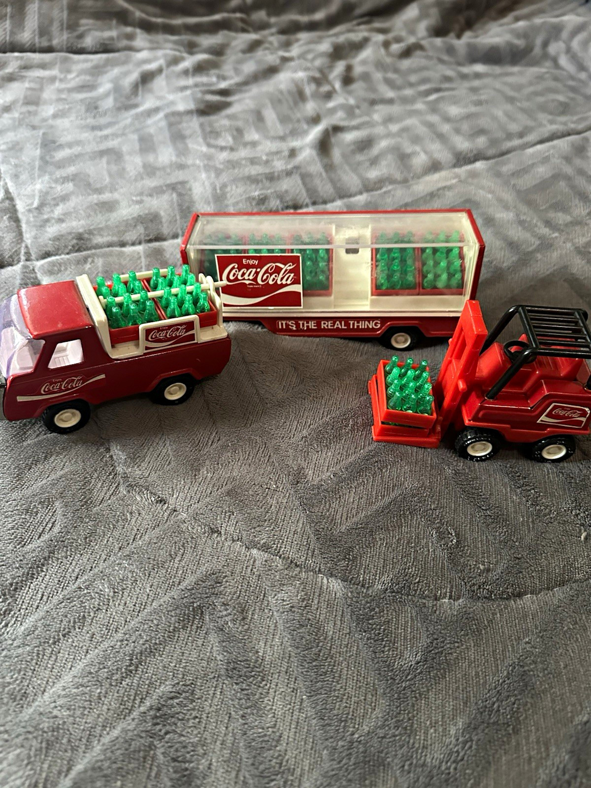 Vintage Coca-Cola Soda Advertising Toy Truck, Forklift & Trailer Set w/ Bottles
