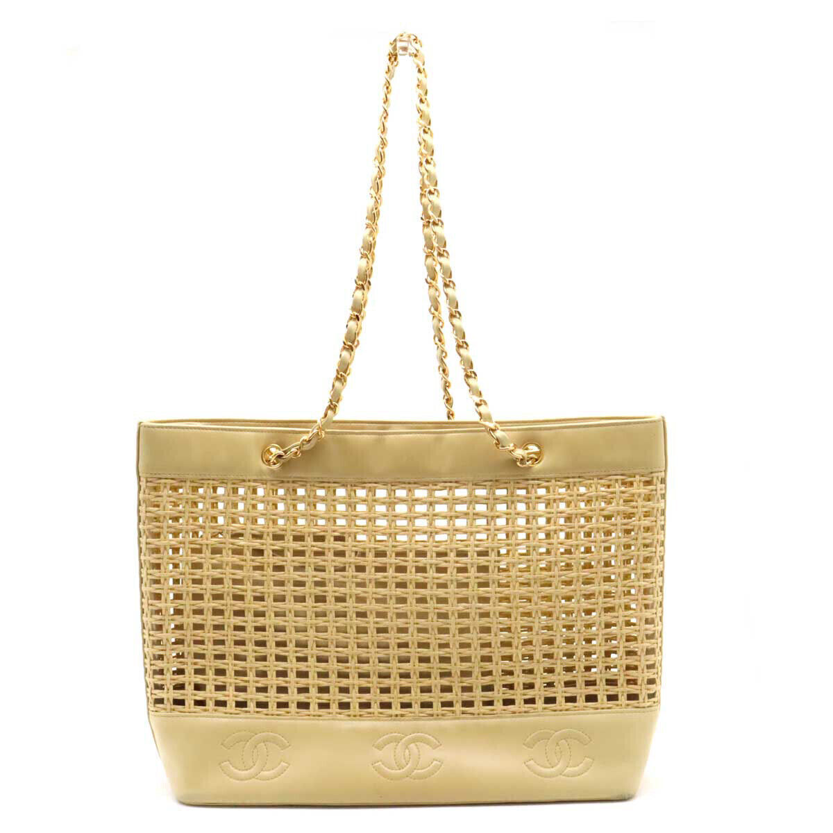 Chanel Tote Bag Shoulder Chain Basket Straw Leather Beige Natural