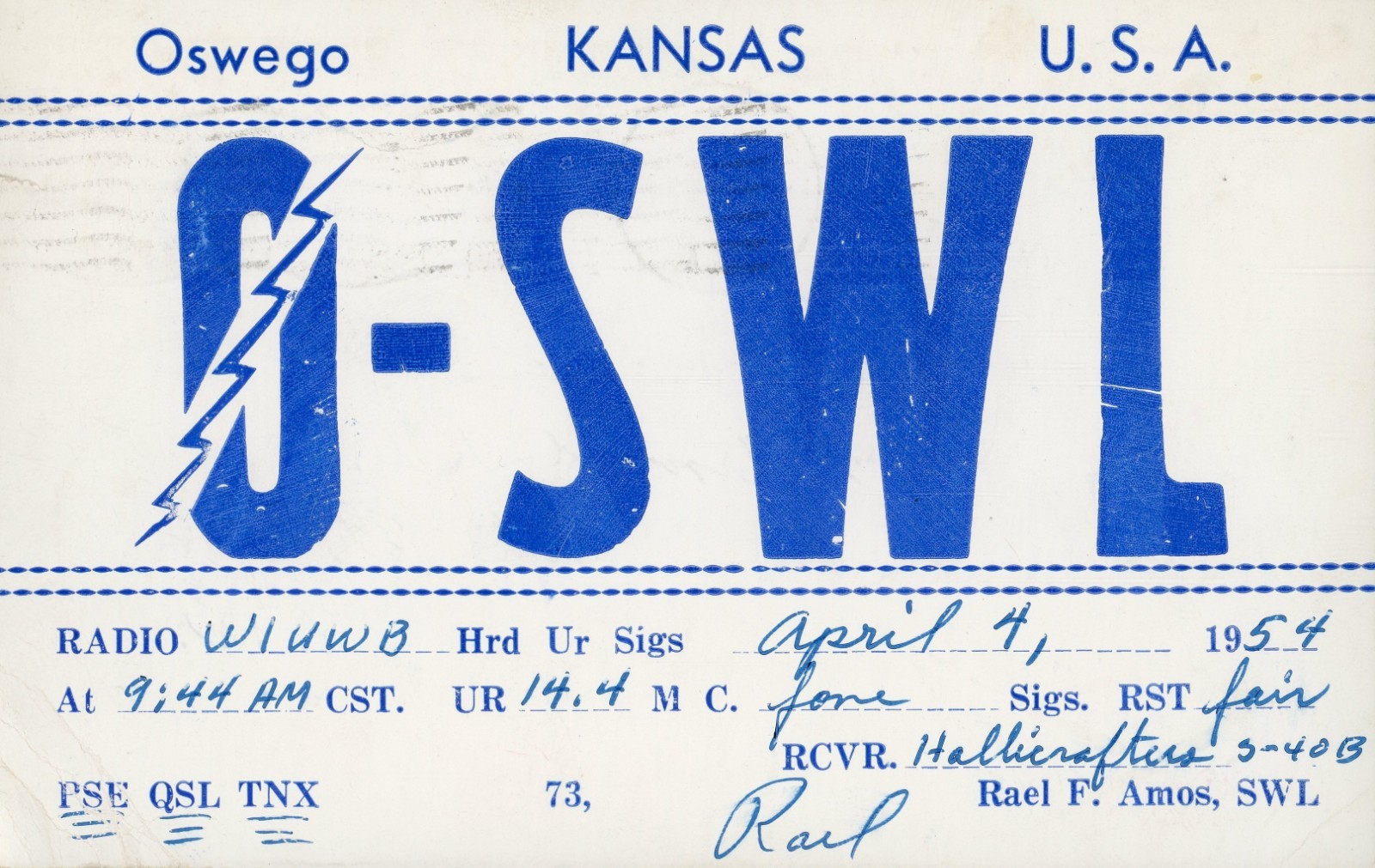 Vintage Amateur Radio QSL Postcard, 1954, 0-SWL, Oswego, KS, Scott #806