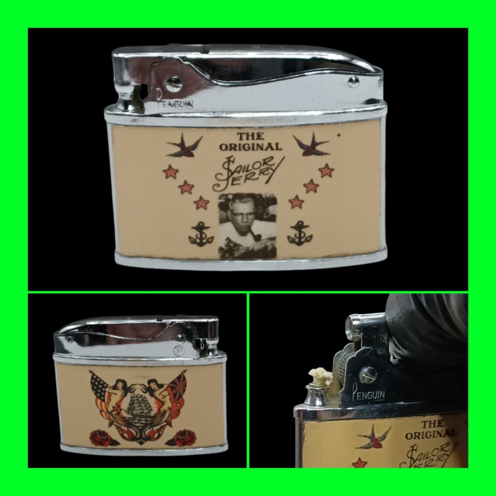 Unique Vintage Sailor Jerry Tattoo Unfired Flat Ad Cigarette Lighter RARE Workin