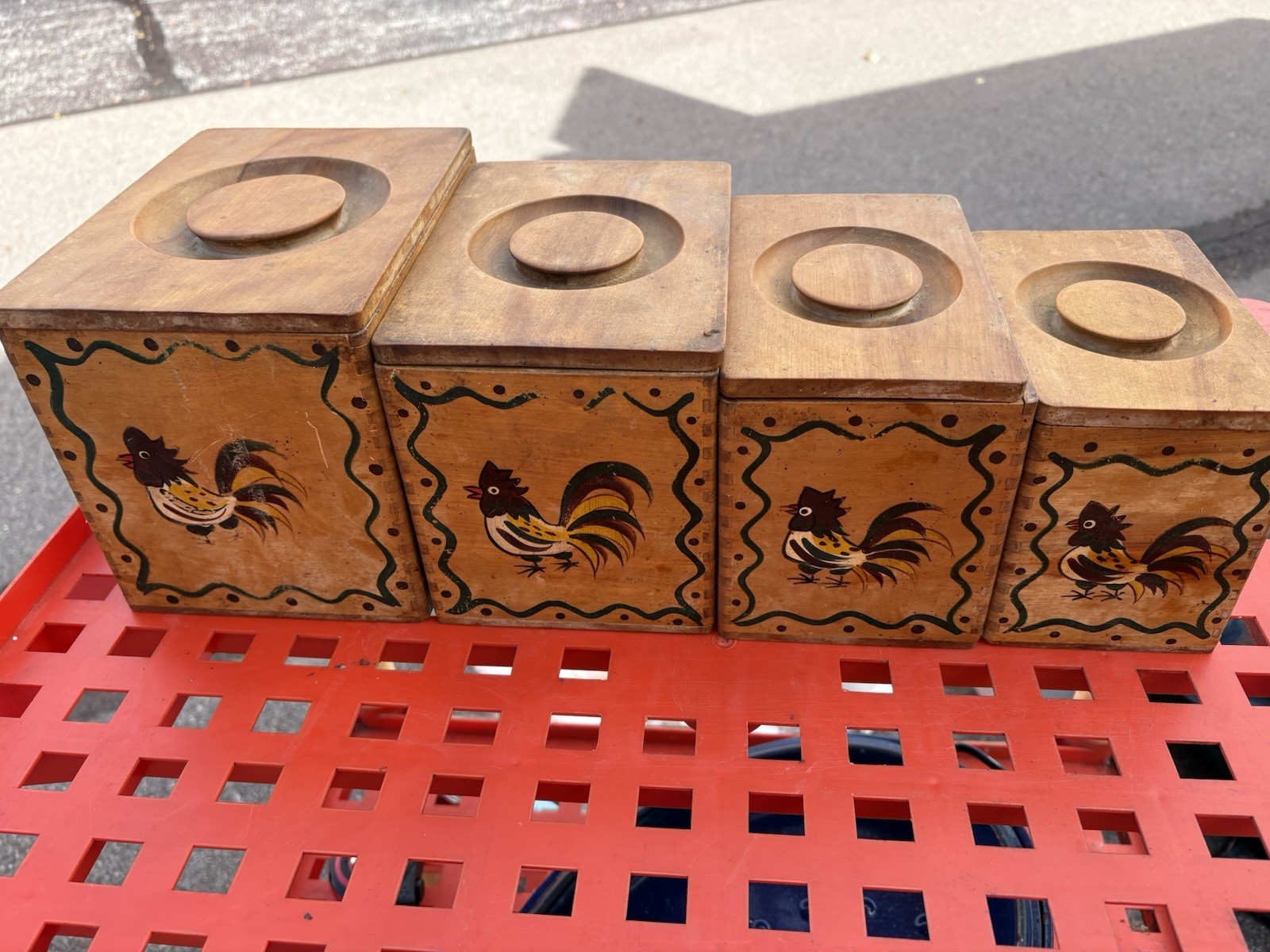 Set 4 Vintage Wood Painted Rooster Chicken Nesting Canisters Boxes Japan wooden