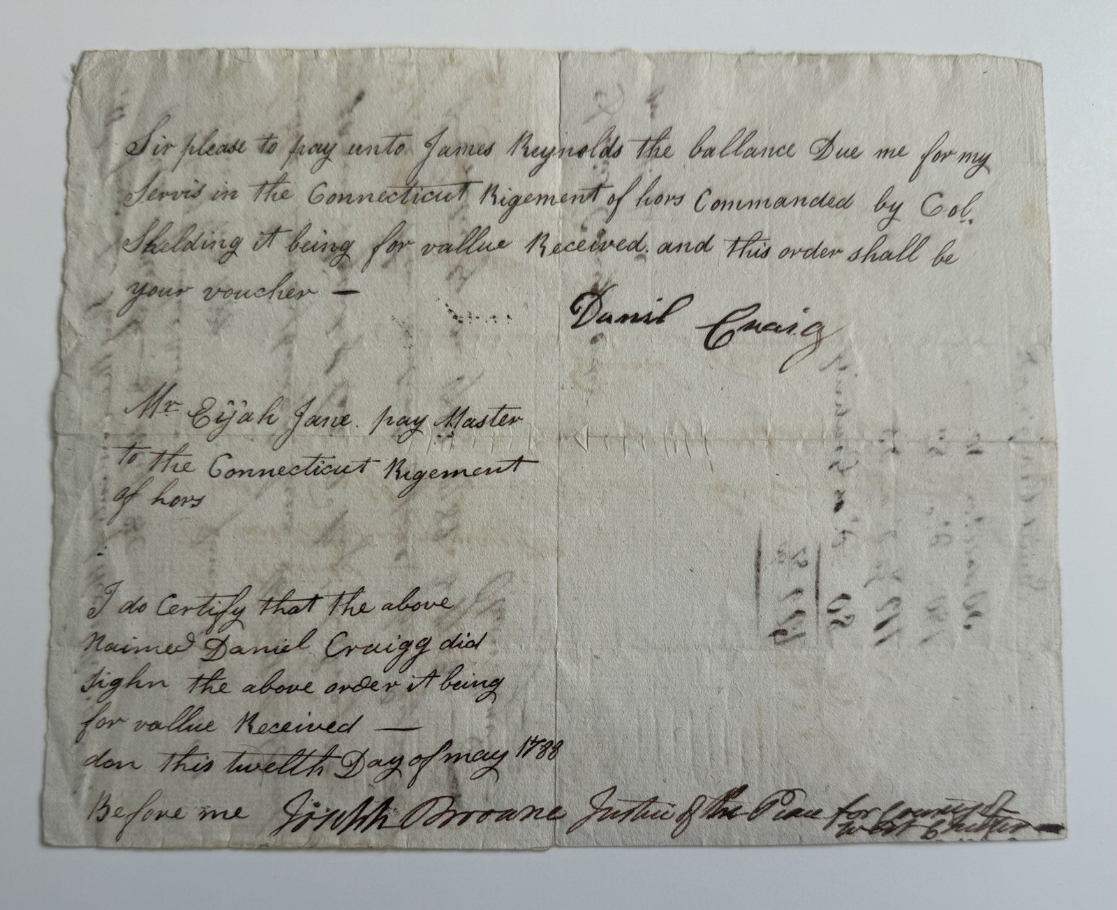 1783 Revolutionary War Pay Order Colonel Sheldon Connecticut Regiment Of Horse