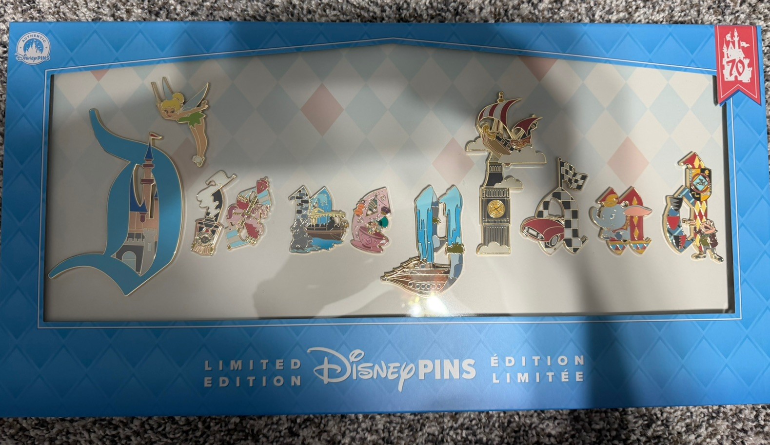 2026 Disneyland Marquee 70th Anniversary Disneyland 11 Pin Set Jumbo Pin LE 2200