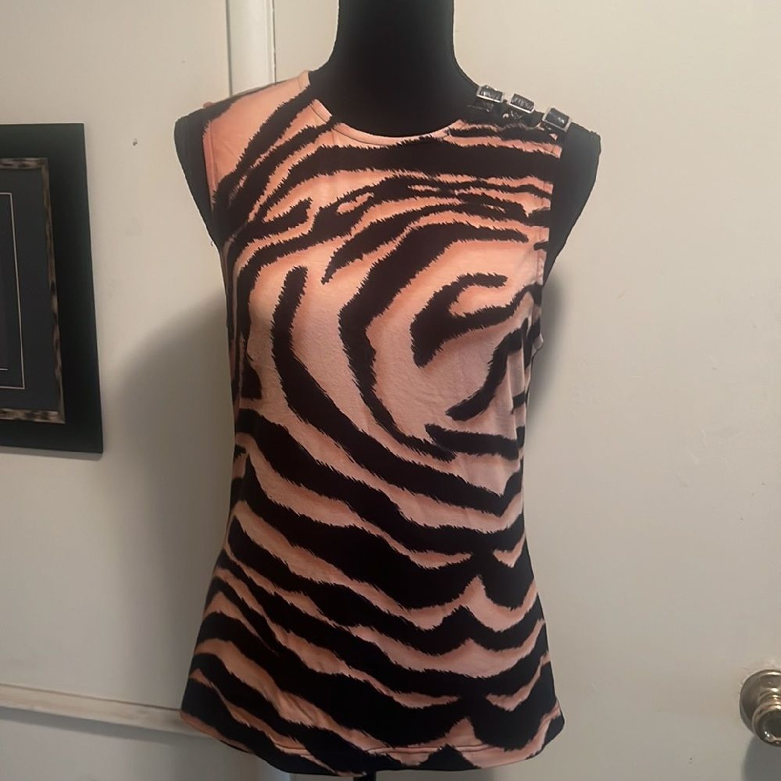 Versace leopard print top with leather buckles on left shoulder. Small. …