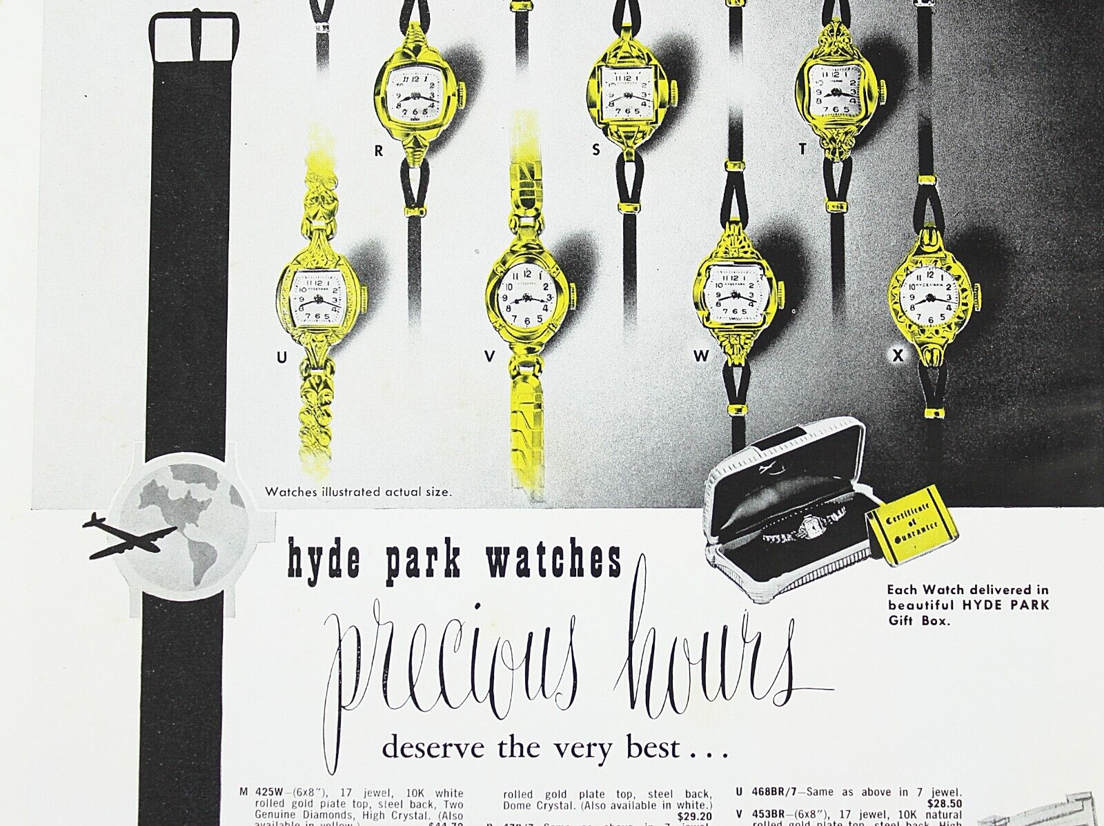 Vintage 1952 HYDE PARK Watches Print Ad in Color with Prices