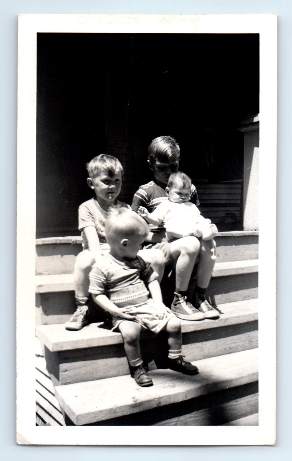 Old Vintage Photo BOYS AND BABY SITTING ON PORCH STEPS OF HOUSE SNAPSHOT