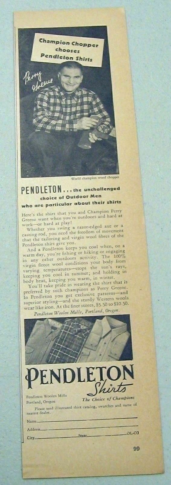 1937 Print Ad Pendleton Woolen Mills Shirts Champion Wood Chopper Perry Greene