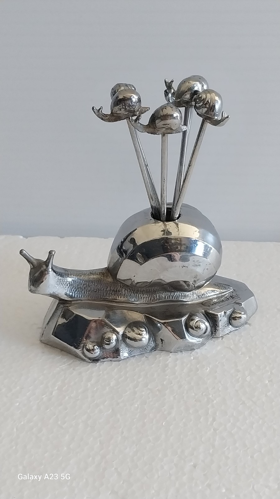 Vtg Snail Escargot Cocktail Picks Holder w/6 Picks Set Chrome Art Deco Signed