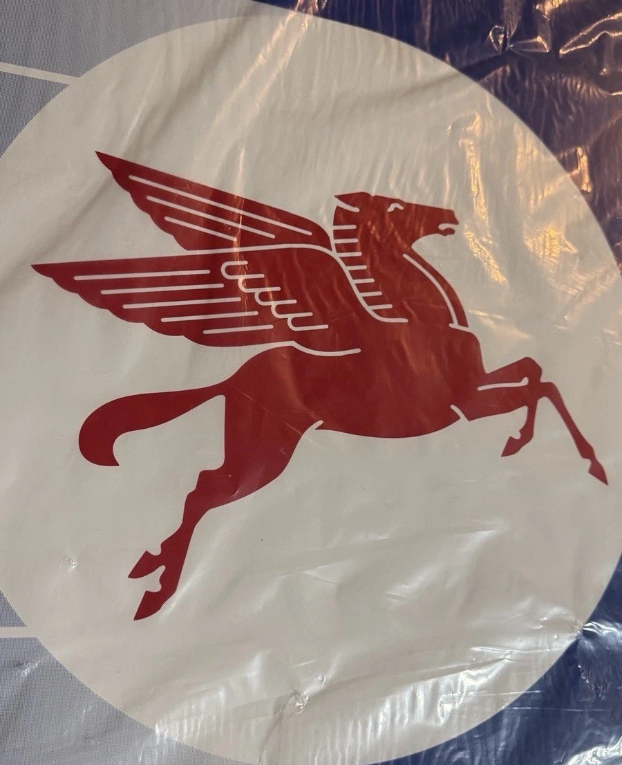 Vintage Mobil Pegasus Gas Station Sign 42”w x 20”h Blue White Red NOS