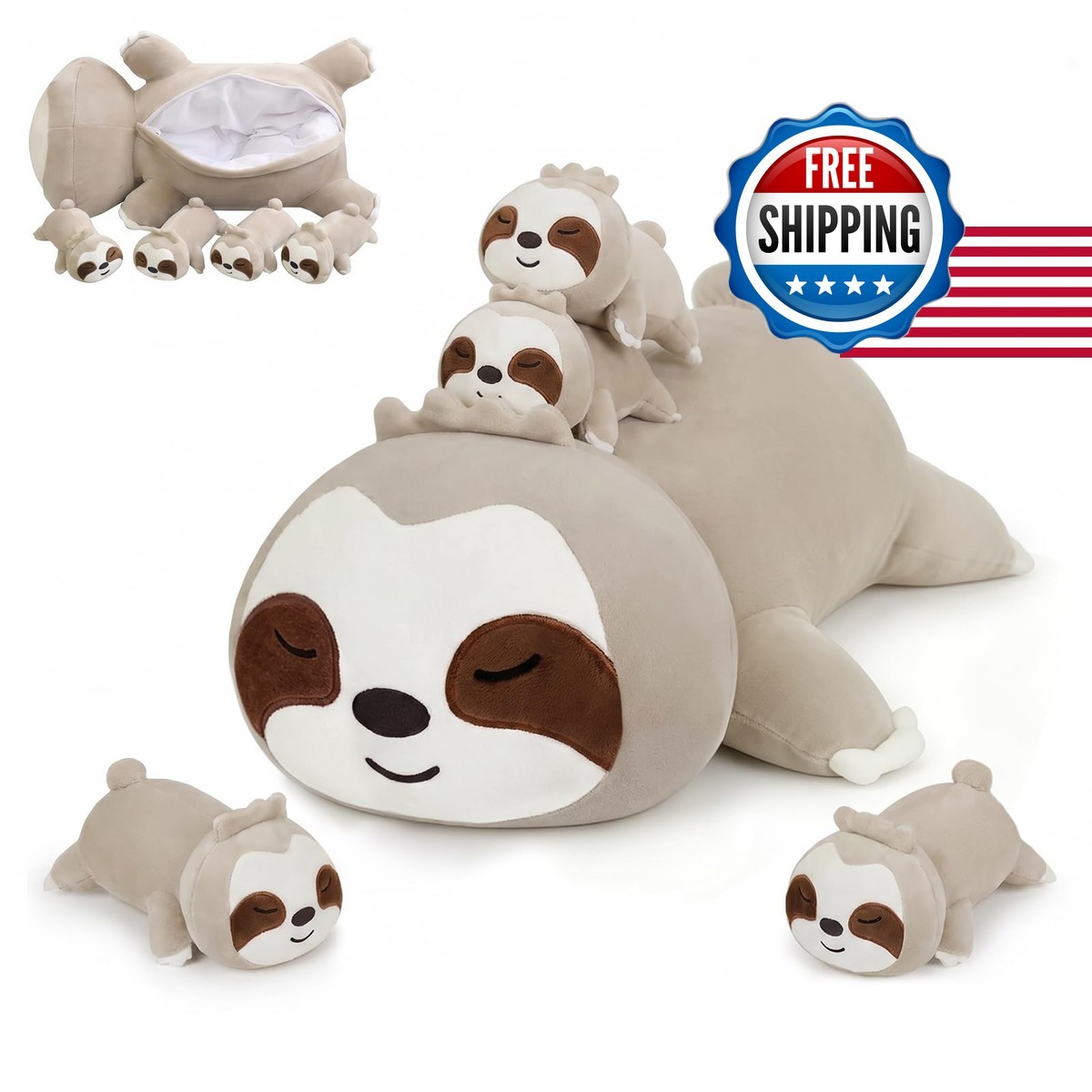 SQEQE 5-Piece Sloth Stuffed Animals Set with Babies Inside Plush Toys for Kids
