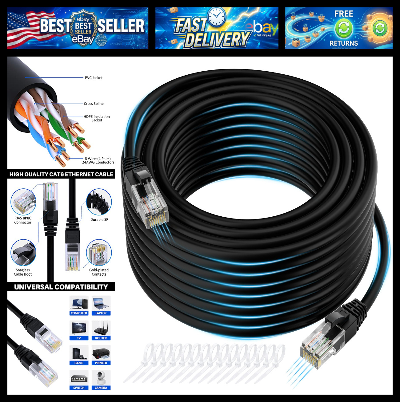 Cat 6 Ethernet Cable 250 FT, Long High Speed Cat6 Internet Cable, Black Snagless