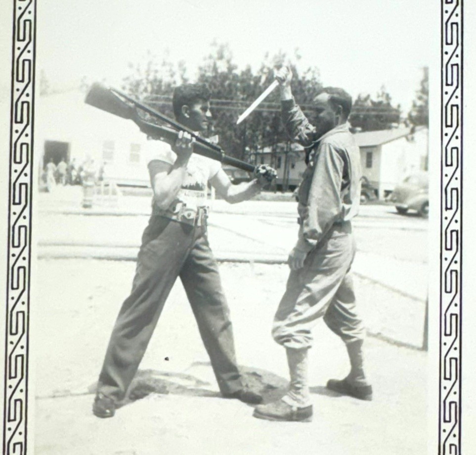 Vintage 1940s WWII Sepia Photograph American Army Soldiers Play Fighting Funny