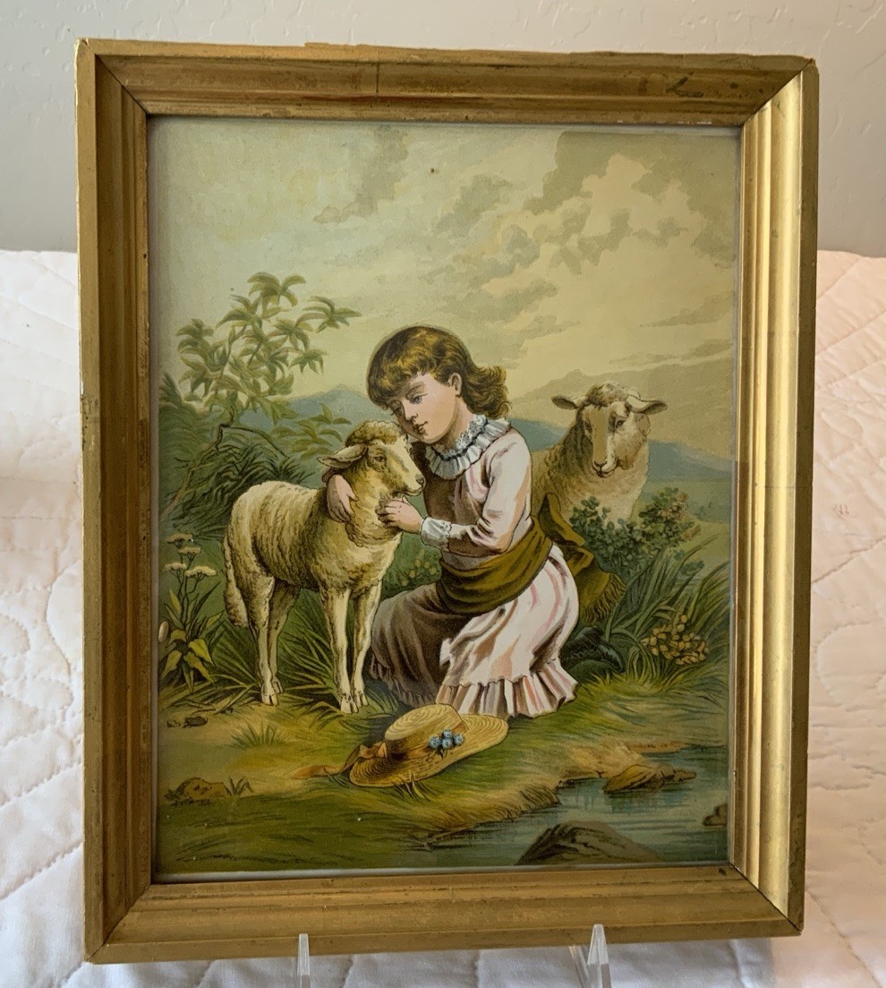 Antique Victorian Ephemera Framed, Sheep, Girl, Hat, Early Antique Wood Frame