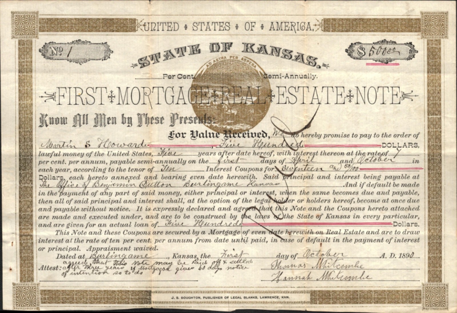 1890 BURLINGAME, KANSAS antique legal document FIRST MORTGAGE REAL ESTATE NOTE
