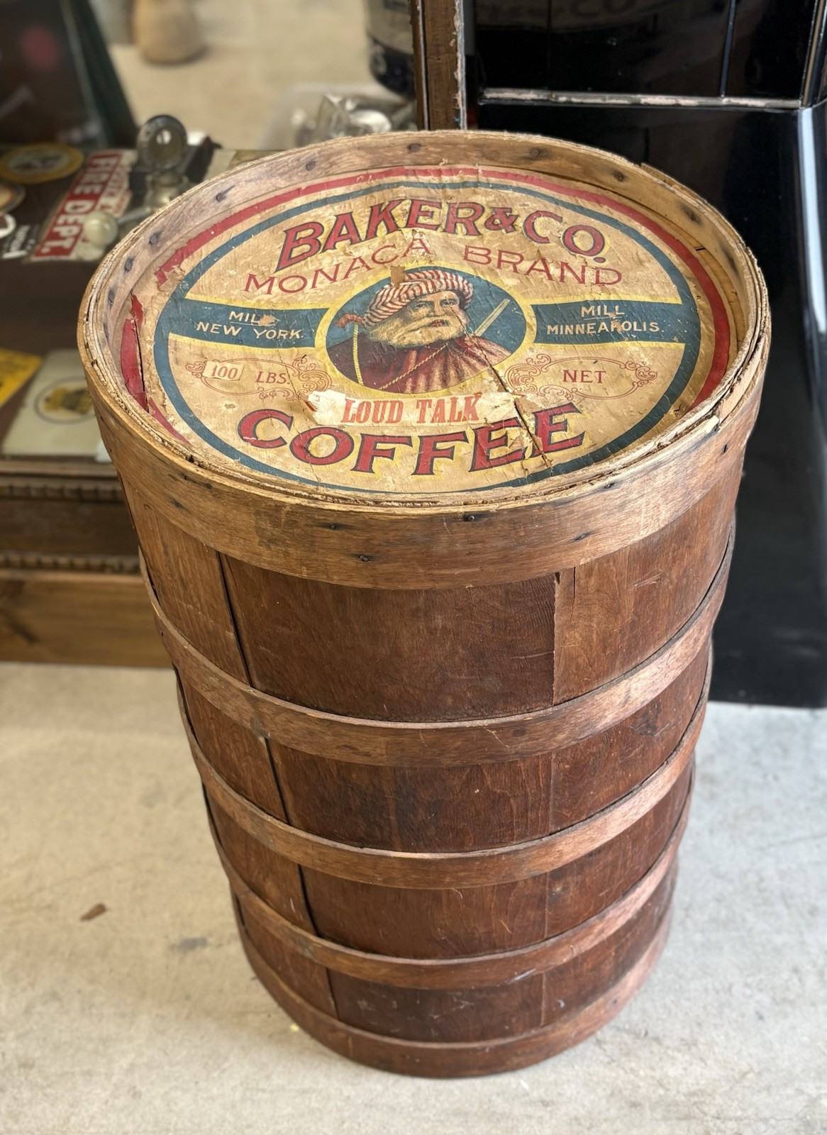 Antique 100Lb Baker & Co Loud Talk Coffee Brand Wood Shipping Barrel COOL DECOR