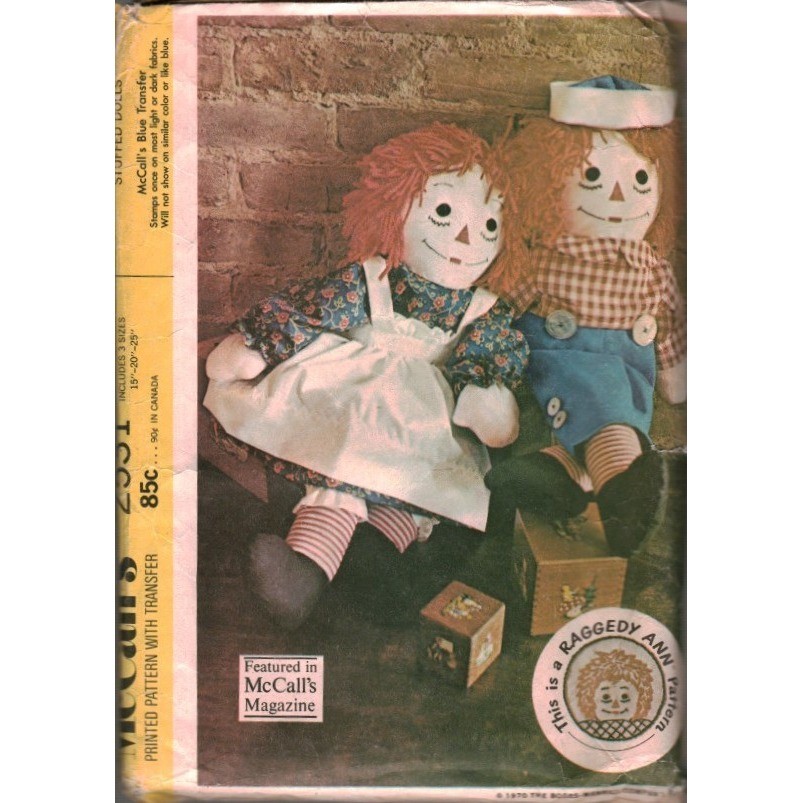 Vintage 1970 McCalls 2531 Raggedy Ann Andy Stuffed Doll Sewing Pattern 3 Sizes
