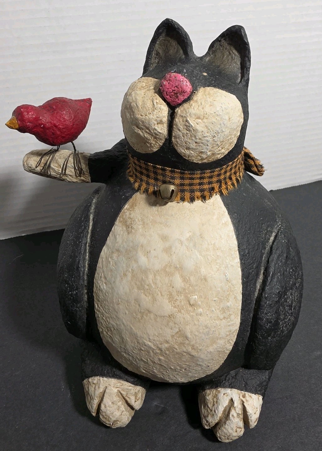 Blossom Bucket Folk Art Black & White Cat Bell Collar Red Bird On Tail 2002 DAP