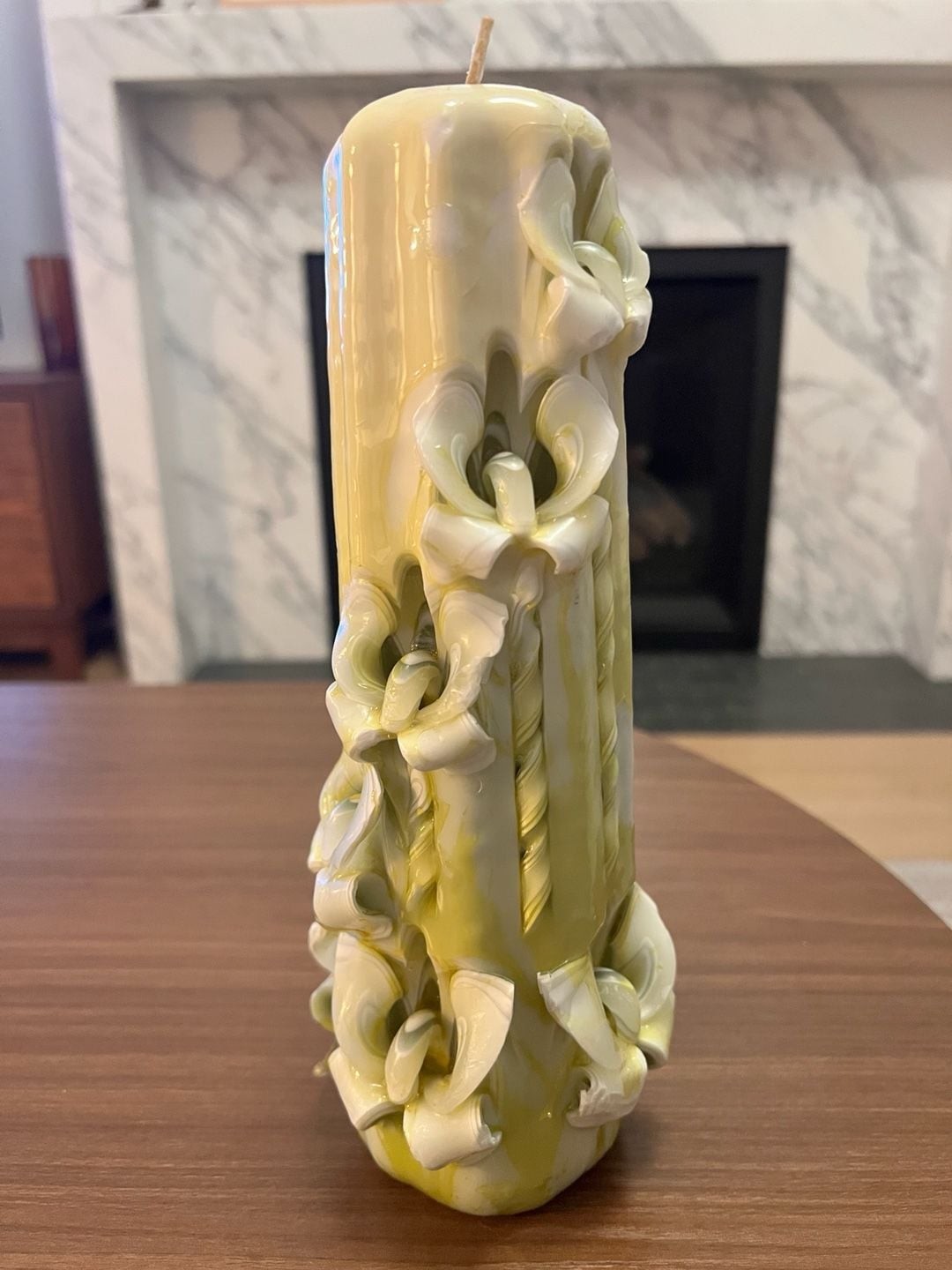 Vintage Hand Carved Sculpted Pillar Candle Green and White Wax