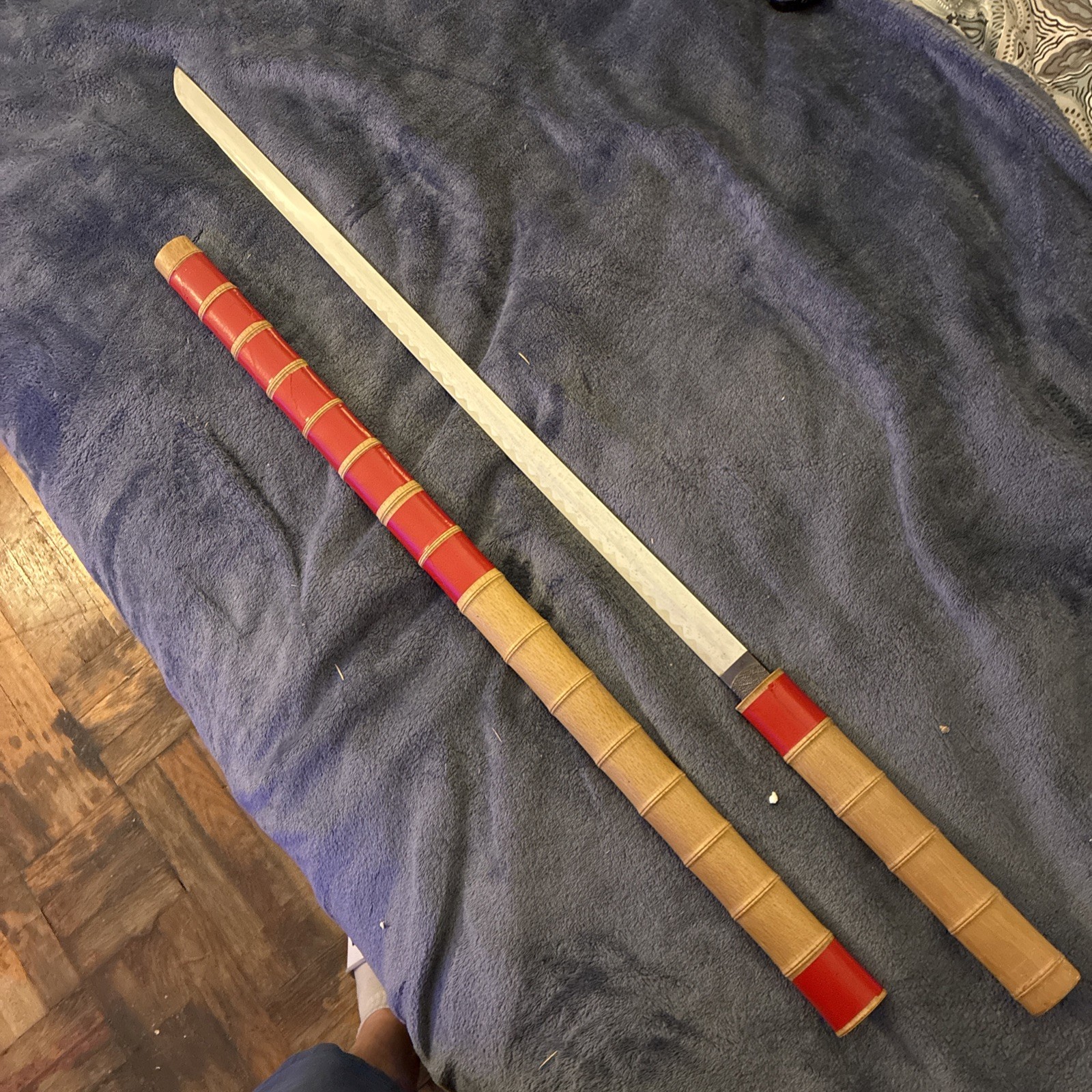 Japanese Shirasaya Katana Sword Bamboo Style Carved Wood Scabbard Saya Red