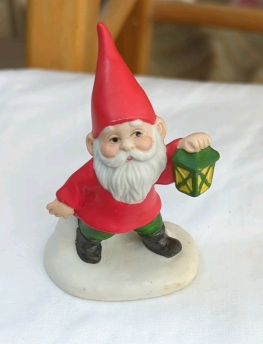 Vintage 1979 ENESCO Christmas Gnome Holding Lantern, porcelain, bisque finish 