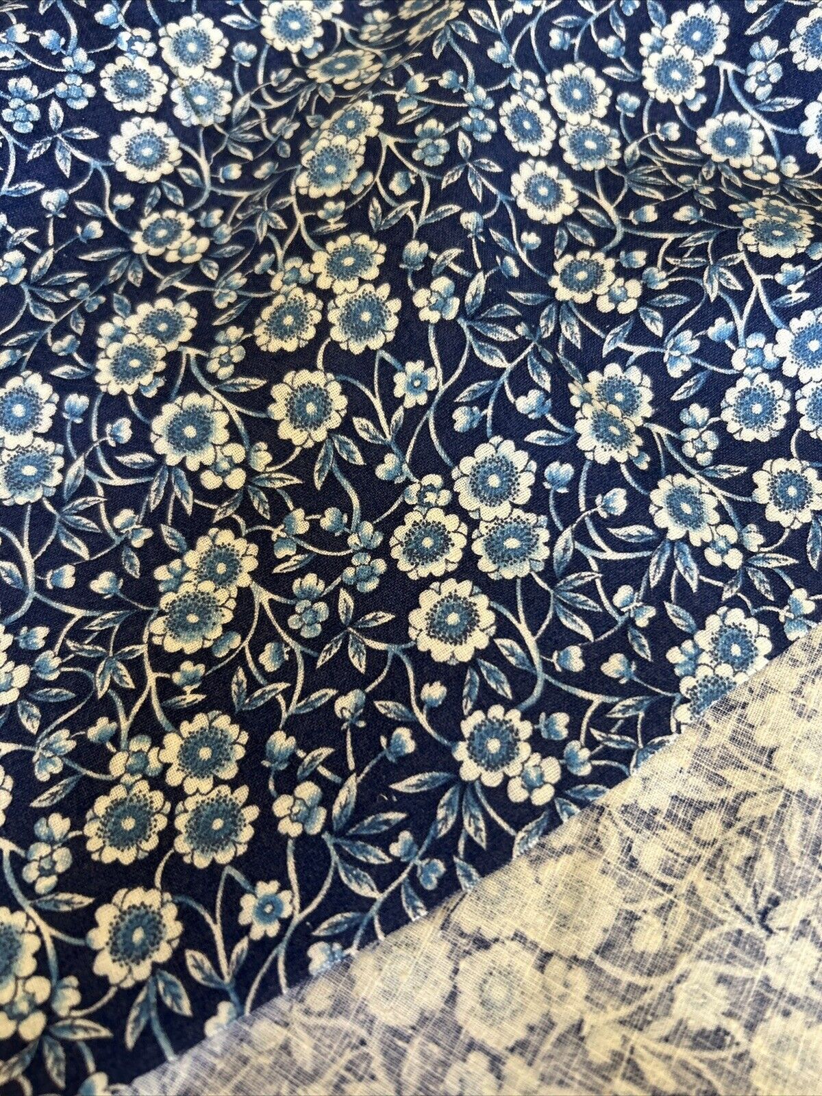Cotton Calico Blue White Floral Denim Fabric   45\
