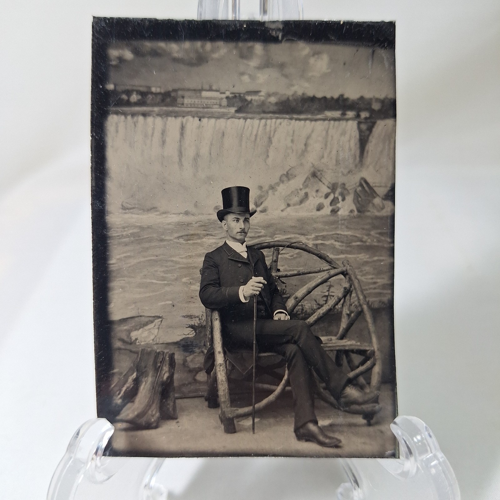 Antique 1880s Tintype Photo Dapper Man Silk Top Hat Cane Niagara Falls Backdrop Antique 1880s Tintype Photo Dapper Man Silk Top Hat Cane Niagara Falls Backdrop