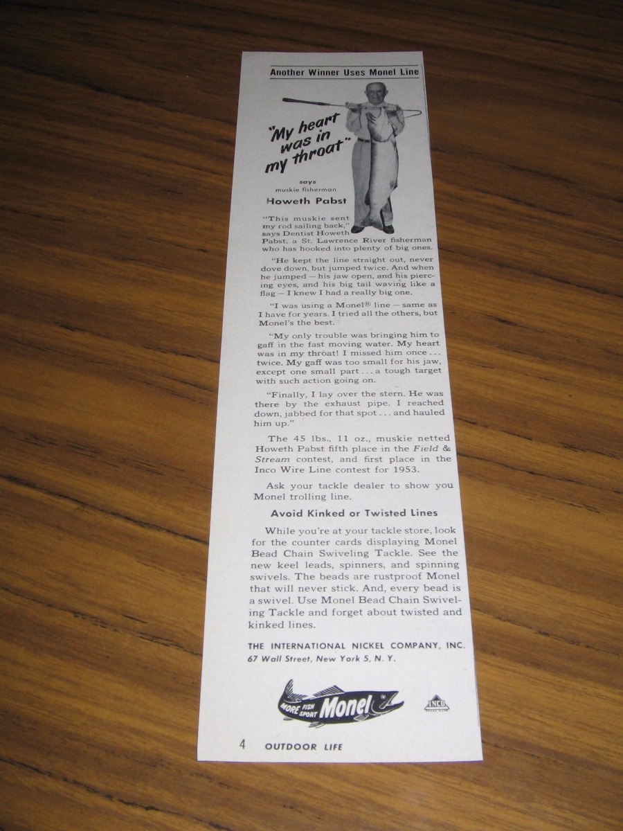 1954 Print Ad Monel Fishing Line 45 LB Record Muskie Howeth Pabst