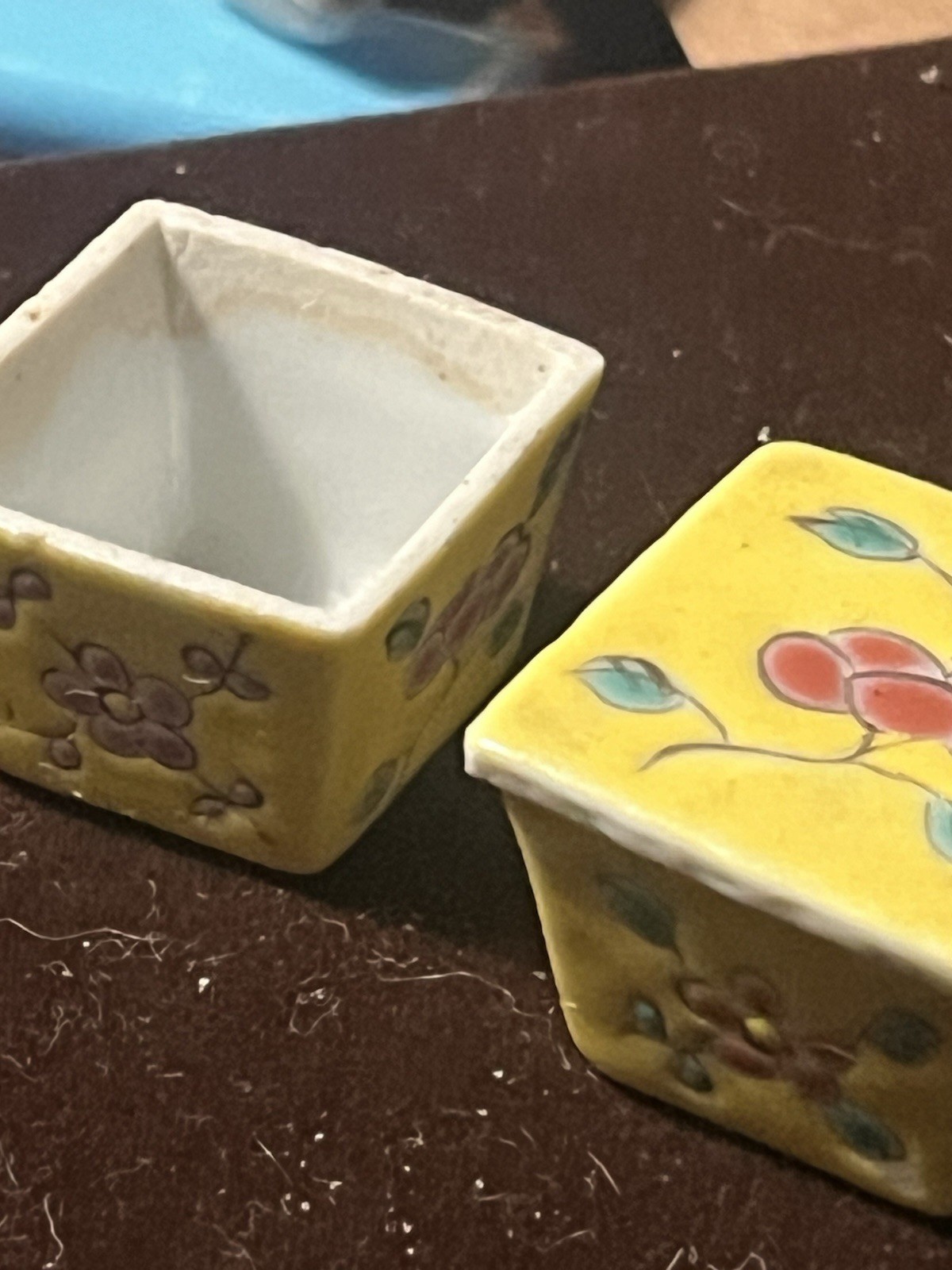 Vintage Chinese Famille Jaune Square Porcelain Stacking Boxes Yellow PlumBlossom
