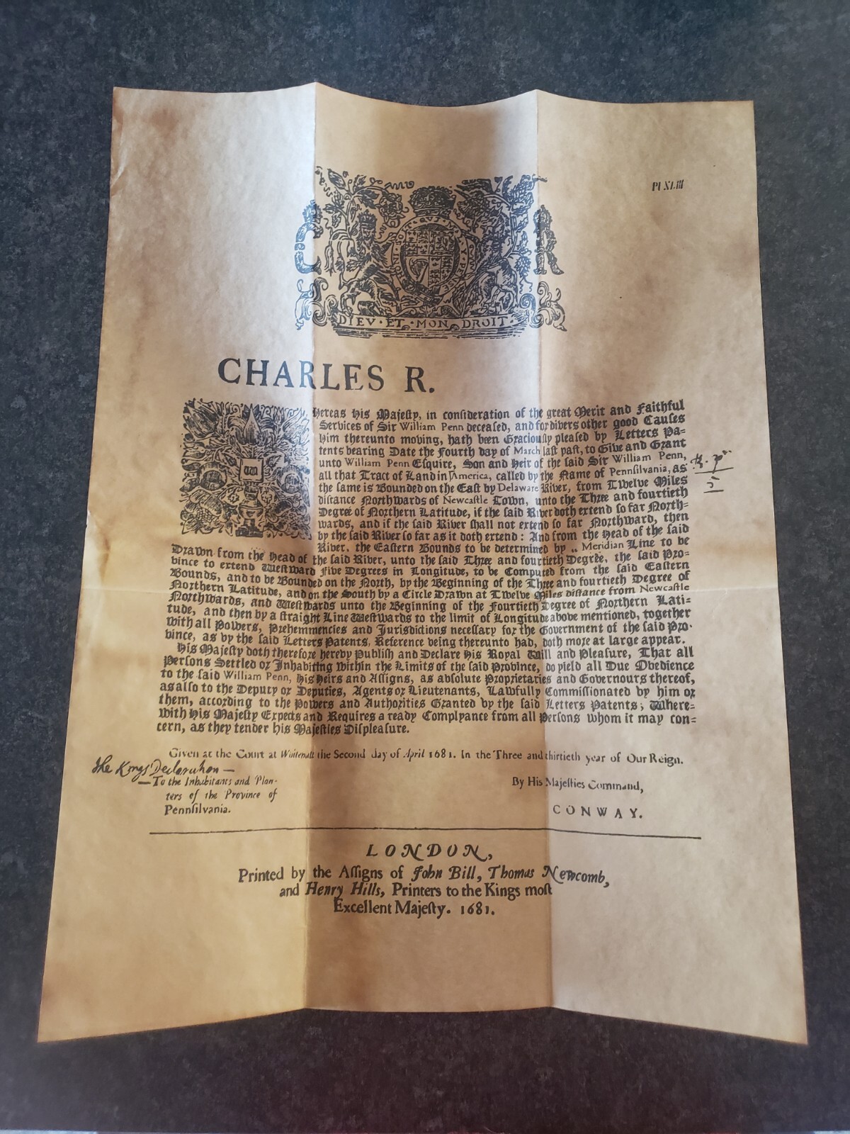 William Penn Deed to Pennsylvania 1681 Vintage Reproduction 
