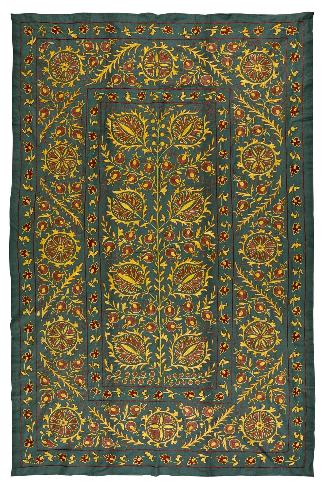 4.6x7 Ft Brand New Uzbek Suzani Textile. Embroidered Silk & Cotton Wall Hanging