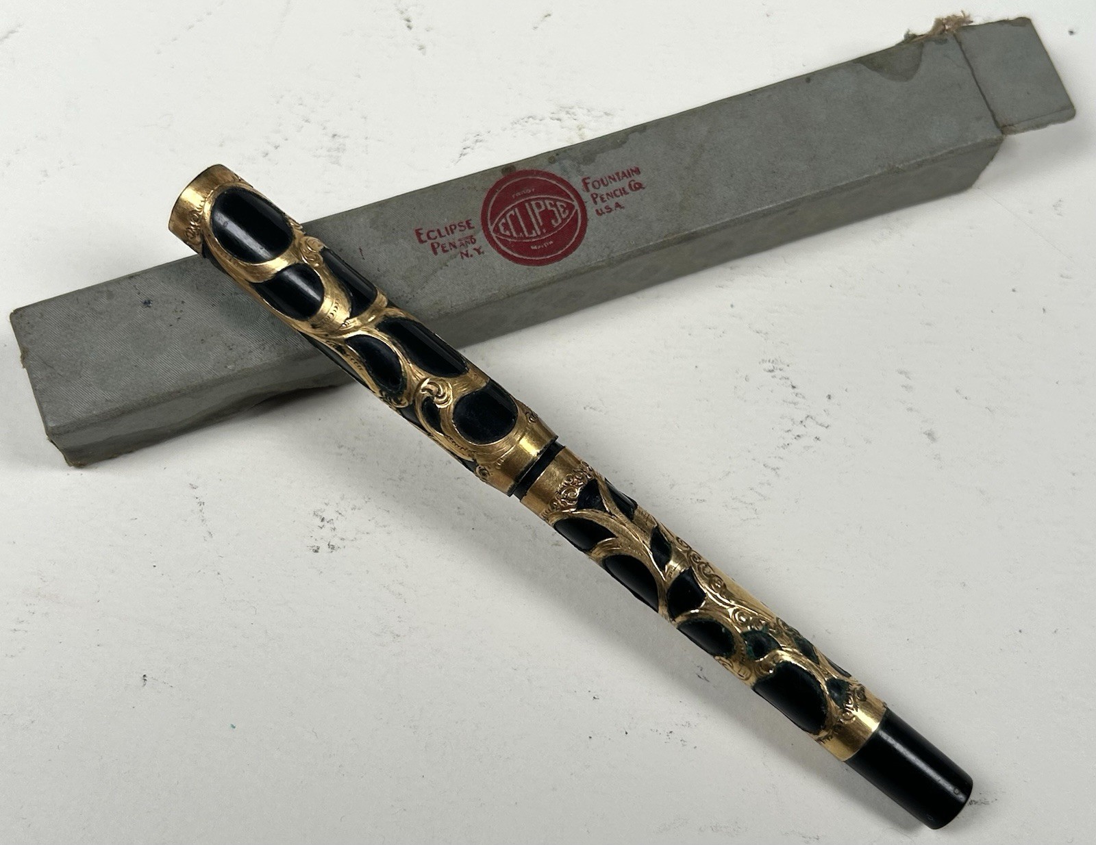 Antique Eclipse Gold Filigree Eyedropper Fountain Pen Sanford Bennett Nib w Box