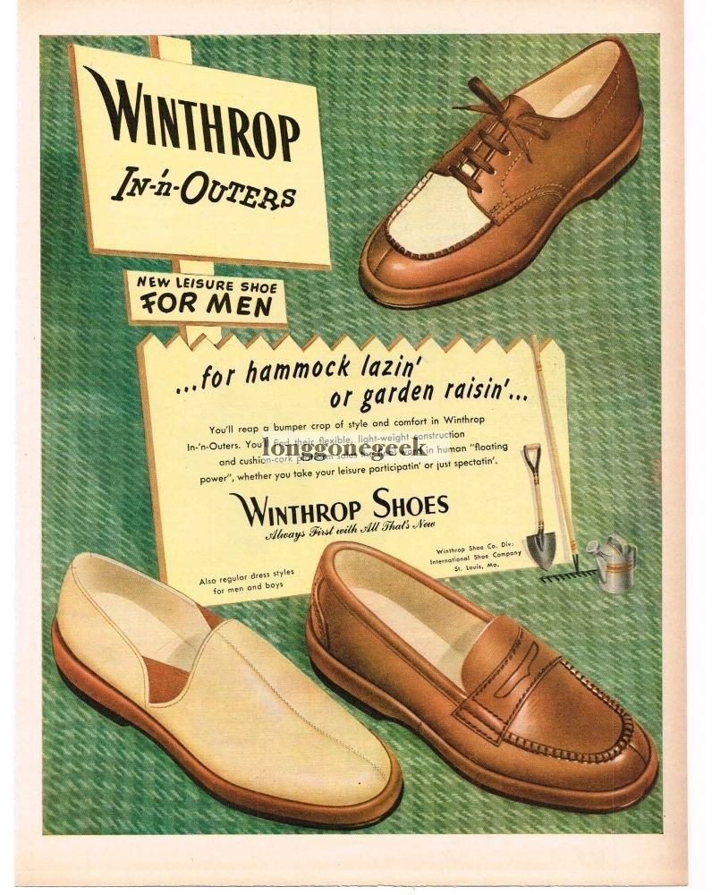1947 WINTHROP Men\'s Shoes In-\'n-Outers Loafers Slippers Vintage Print Ad