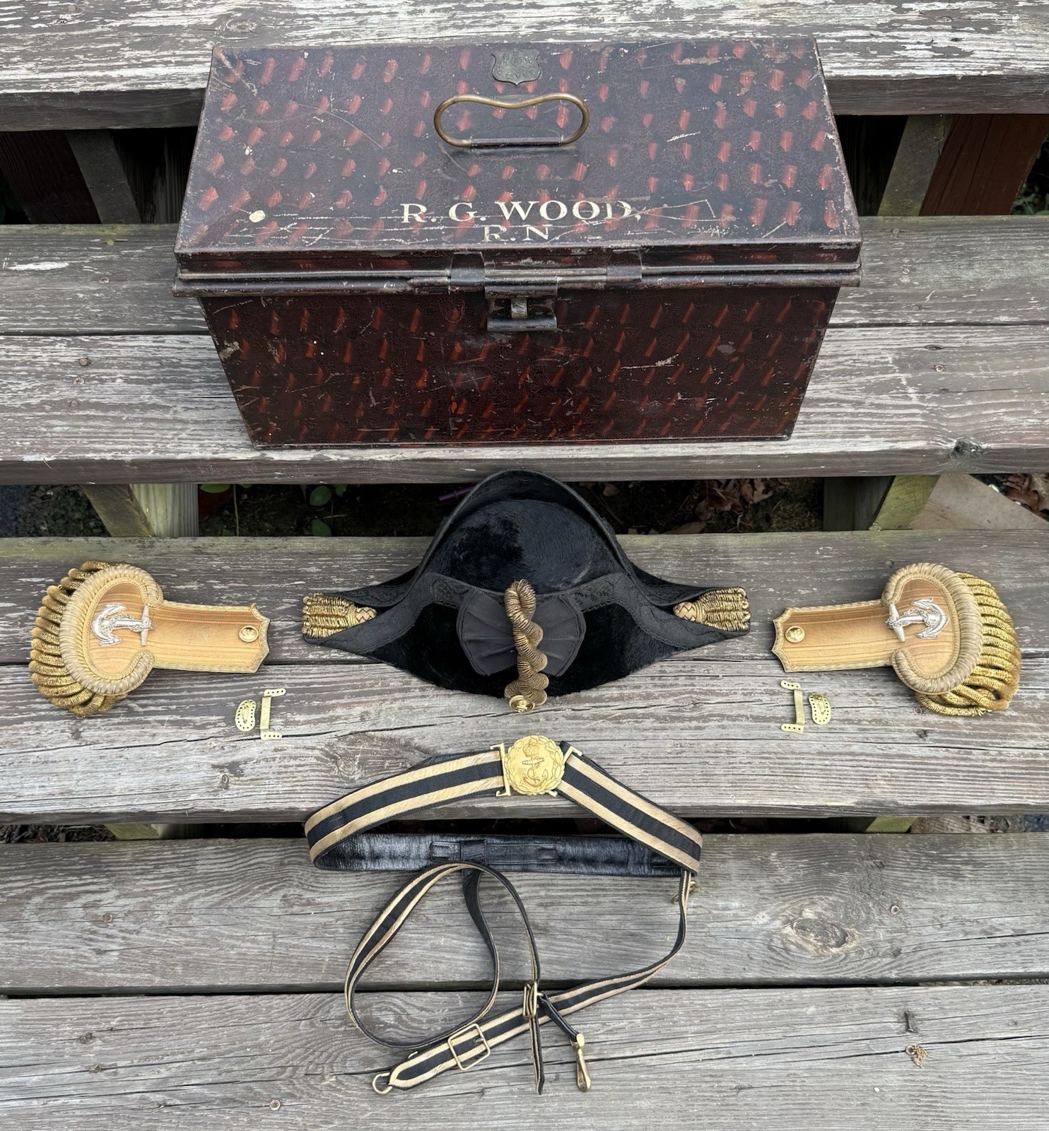Antique British Royal Navy Officer’s Bicorn Hat Epaulettes Belt Sword Hanger Box