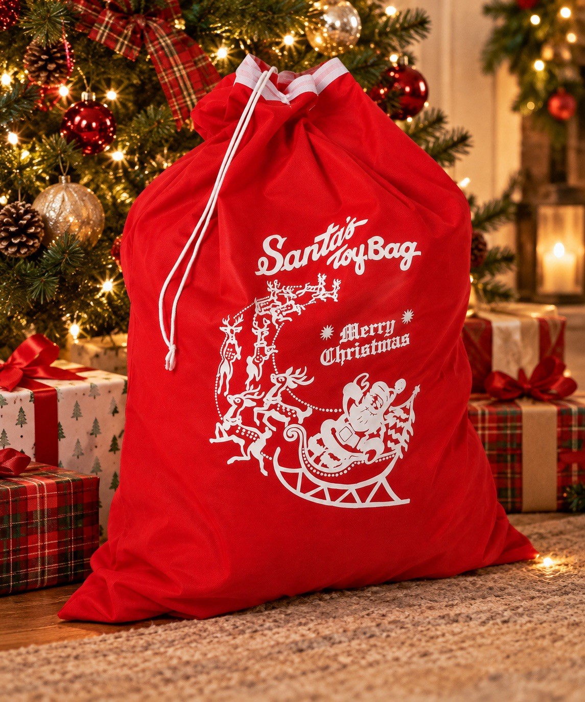 Santa\'s Toy Bag Large Red Christmas Gift Reindeer NOS