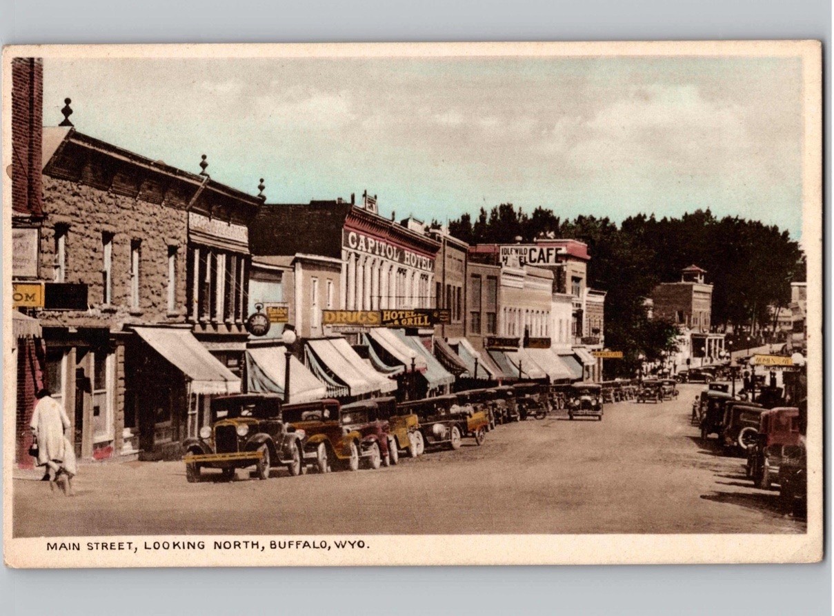 c1930 Main Street North Capitol Hotel Buffalo Wyoming WY Hand Colored Postcard