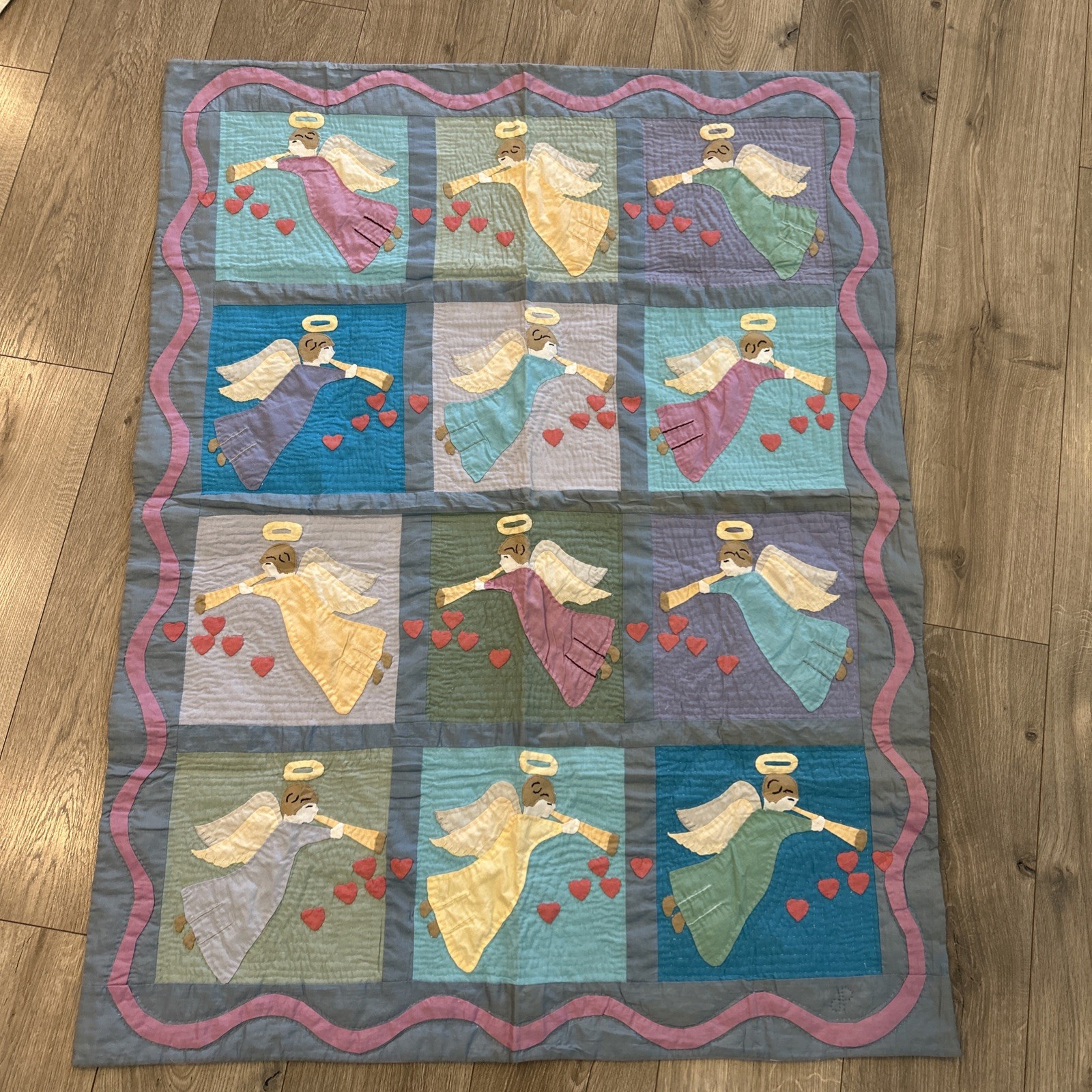 Vintage Angel Hearts Quilt Wall Hanging Hand Quilted 37x47 Pastel Cottage