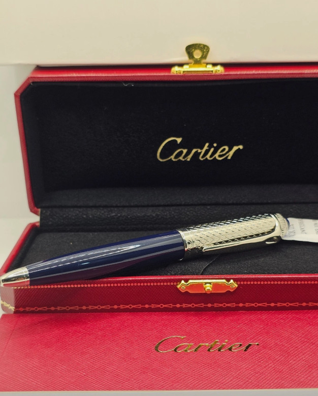 SALE - Cartier Iced Blue Guilloche Ballpoint Pen Silver Trim Luxury Writing Gift