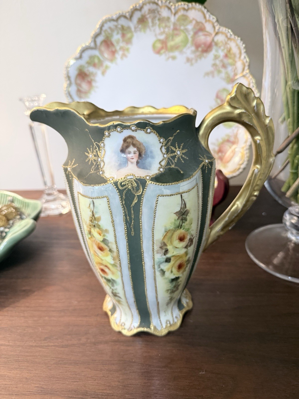 Antique French Limoges Porcelain Pitcher Art Nouveau Maiden Jeweled Gold Floral