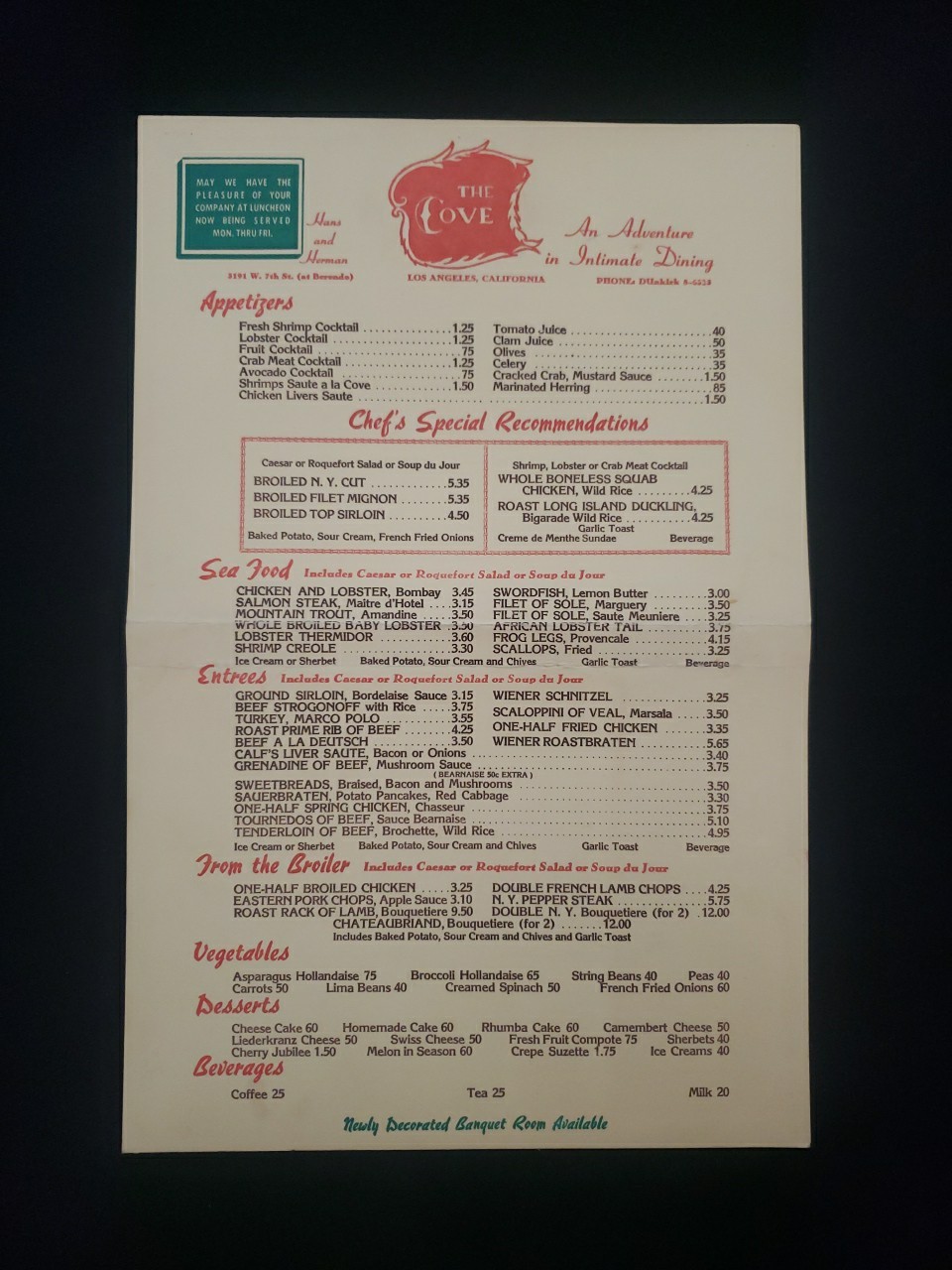 THE COVE Original Vintage 1950s Restaurant Menu Los Angeles California 
