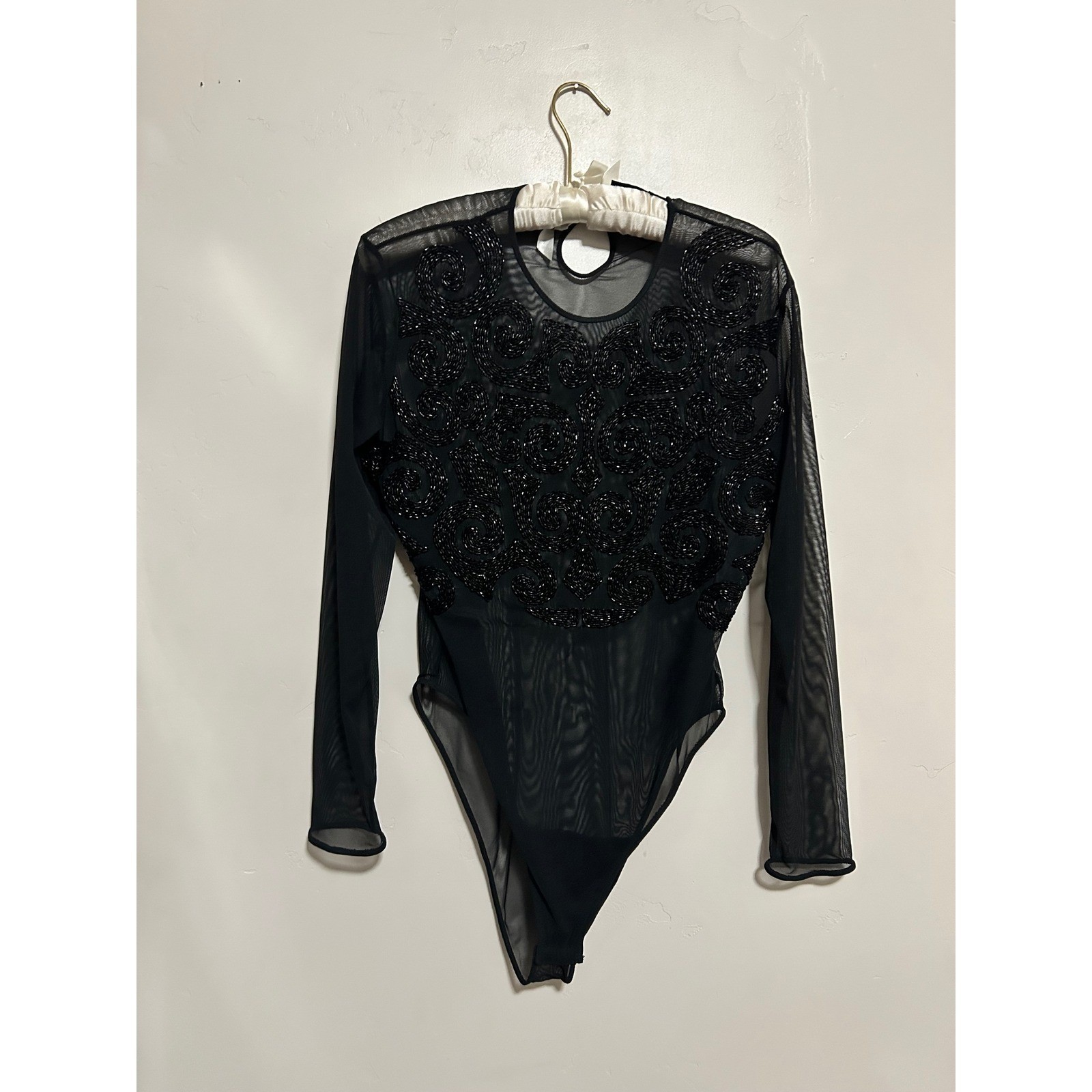 ESCADA Black Mesh Beaded Long Sleeve Bodysuit Women m