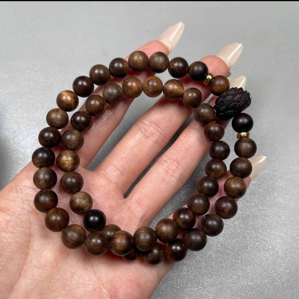 Grade A Natural Agarwood Prayer Beads Lotus Carving Lucky Double Circle Bracelet