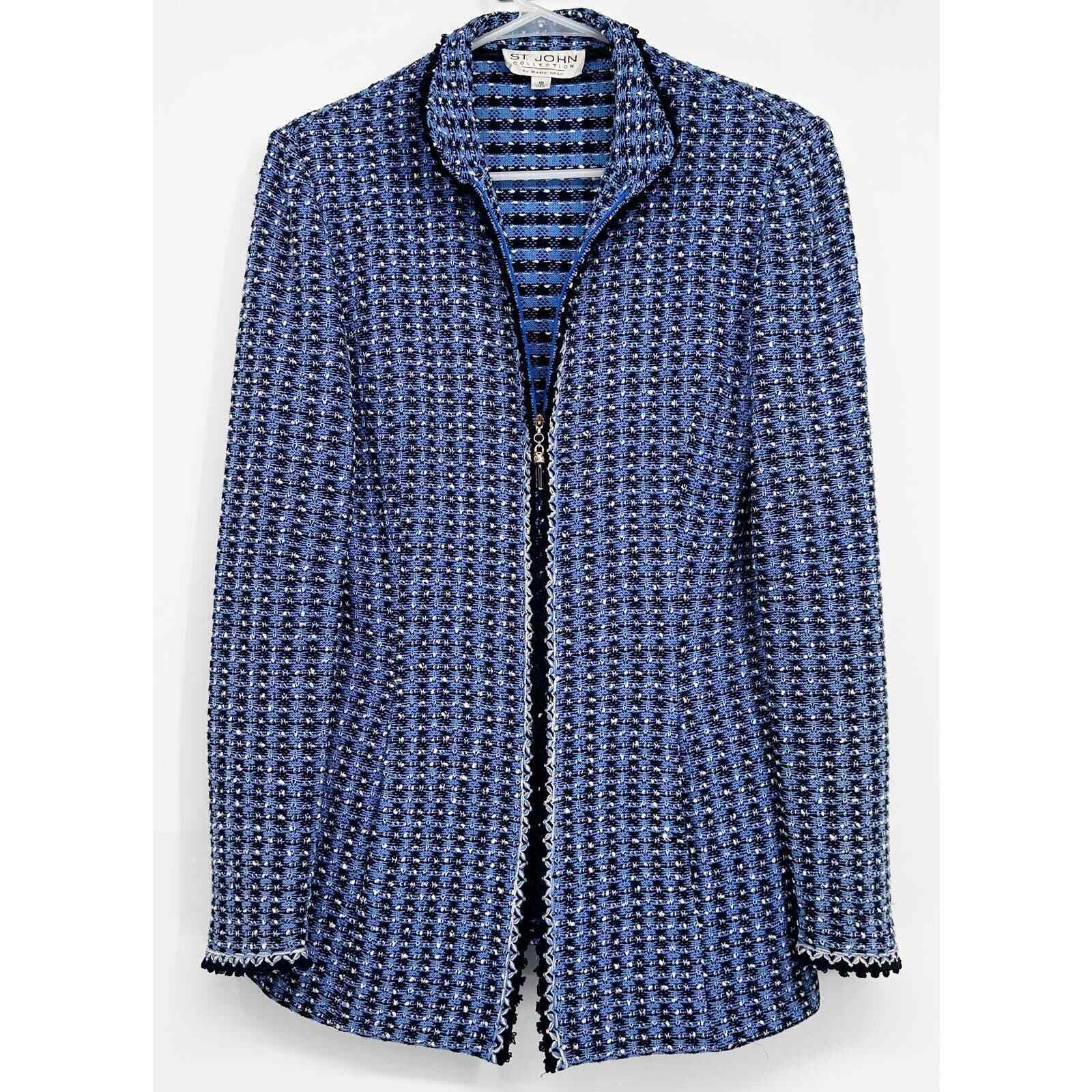 St. John Collection Women\'s Blue Black Tweed Pattern Full Zip Jacket Size 10